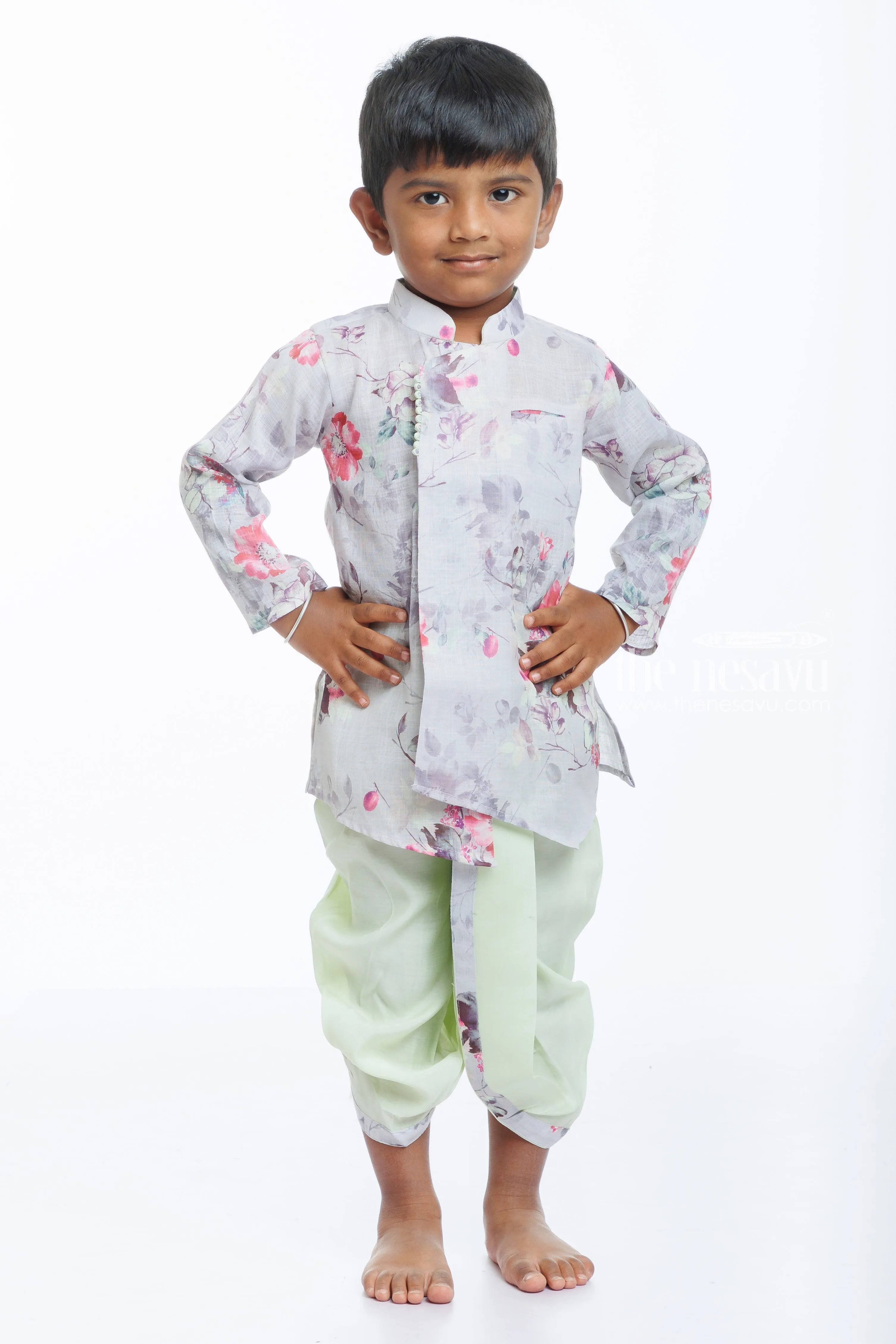 Boys Floral Jacket with Traditional Silk Dhoti Kurta Set