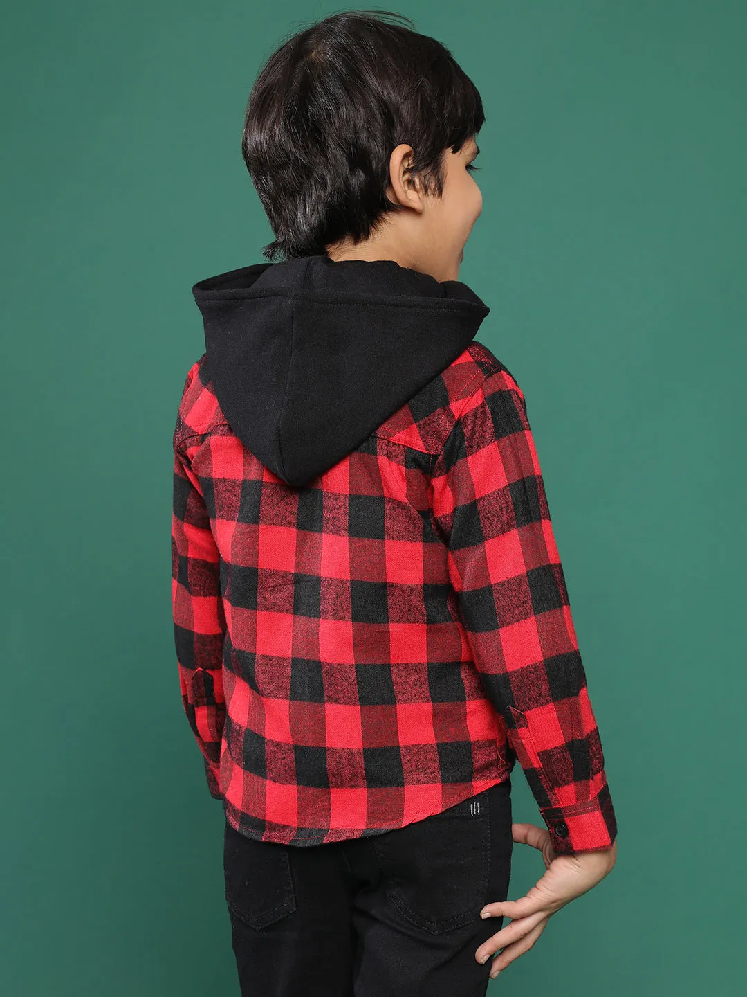 Boys Red Checkered Shirt With Hood