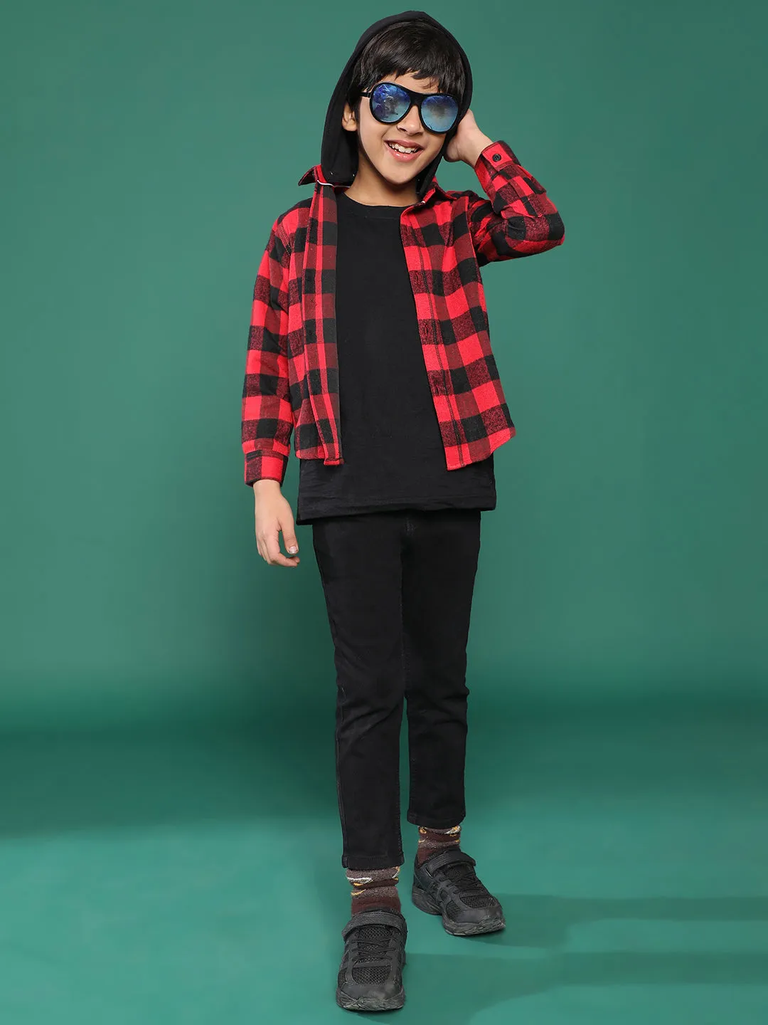 Boys Red Checkered Shirt With Hood