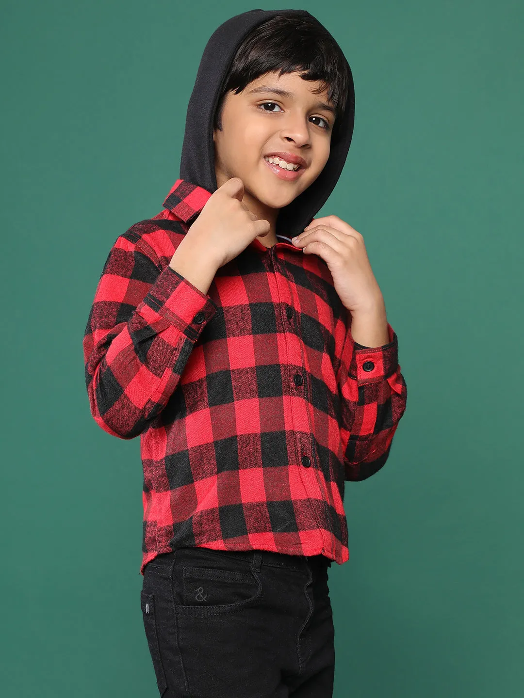 Boys Red Checkered Shirt With Hood