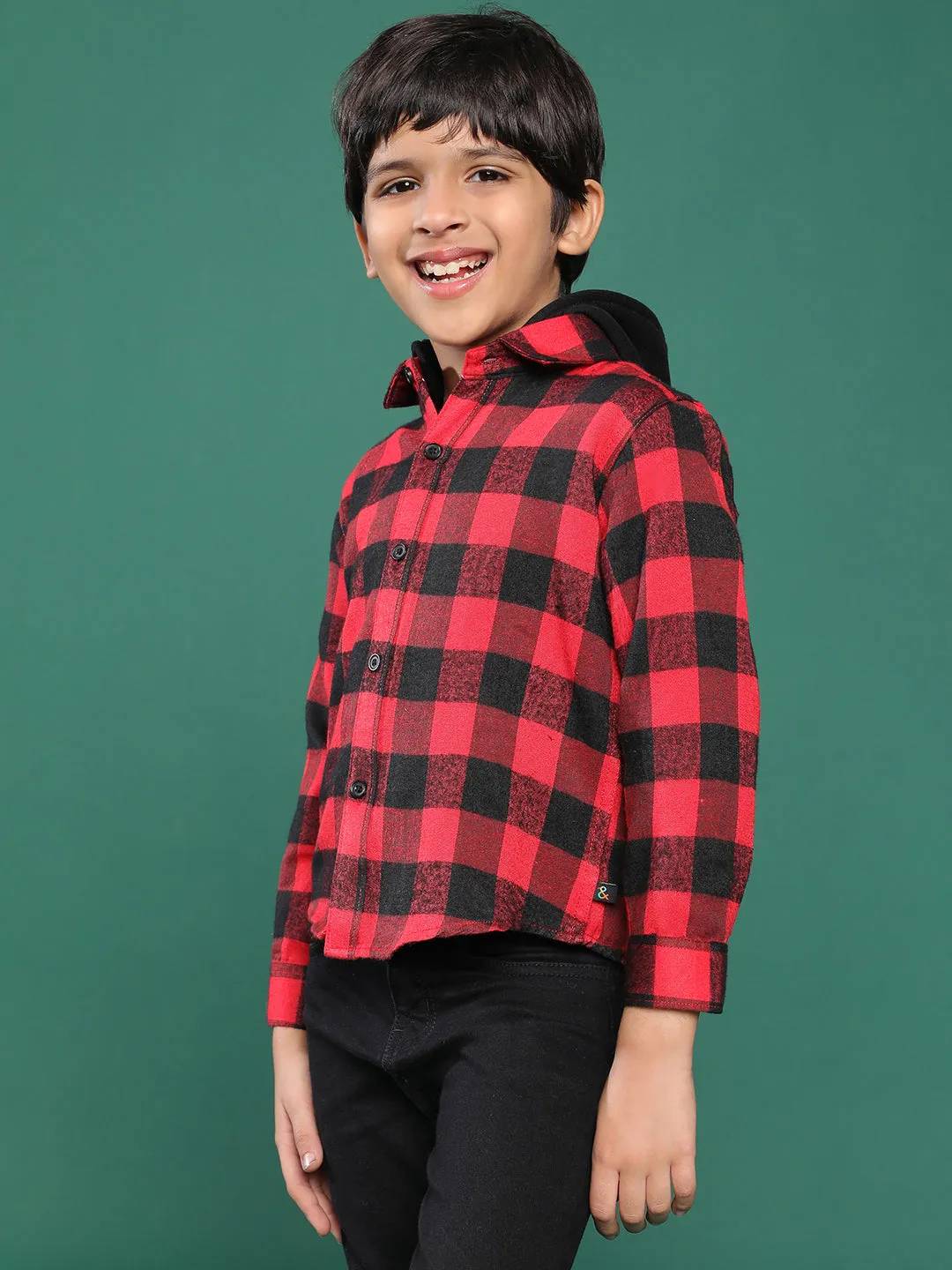 Boys Red Checkered Shirt With Hood