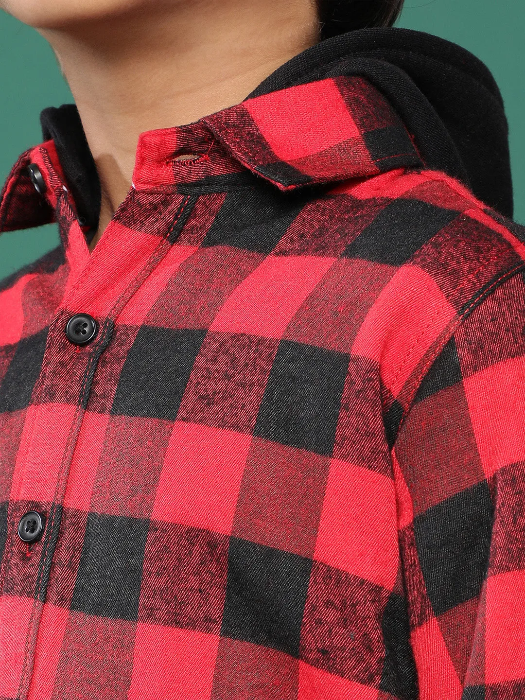 Boys Red Checkered Shirt With Hood