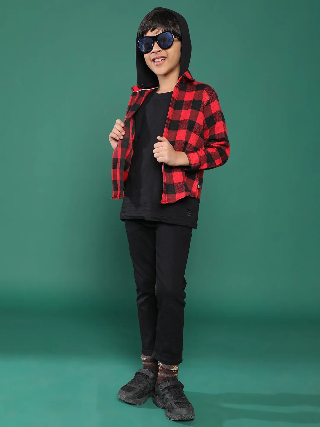 Boys Red Checkered Shirt With Hood