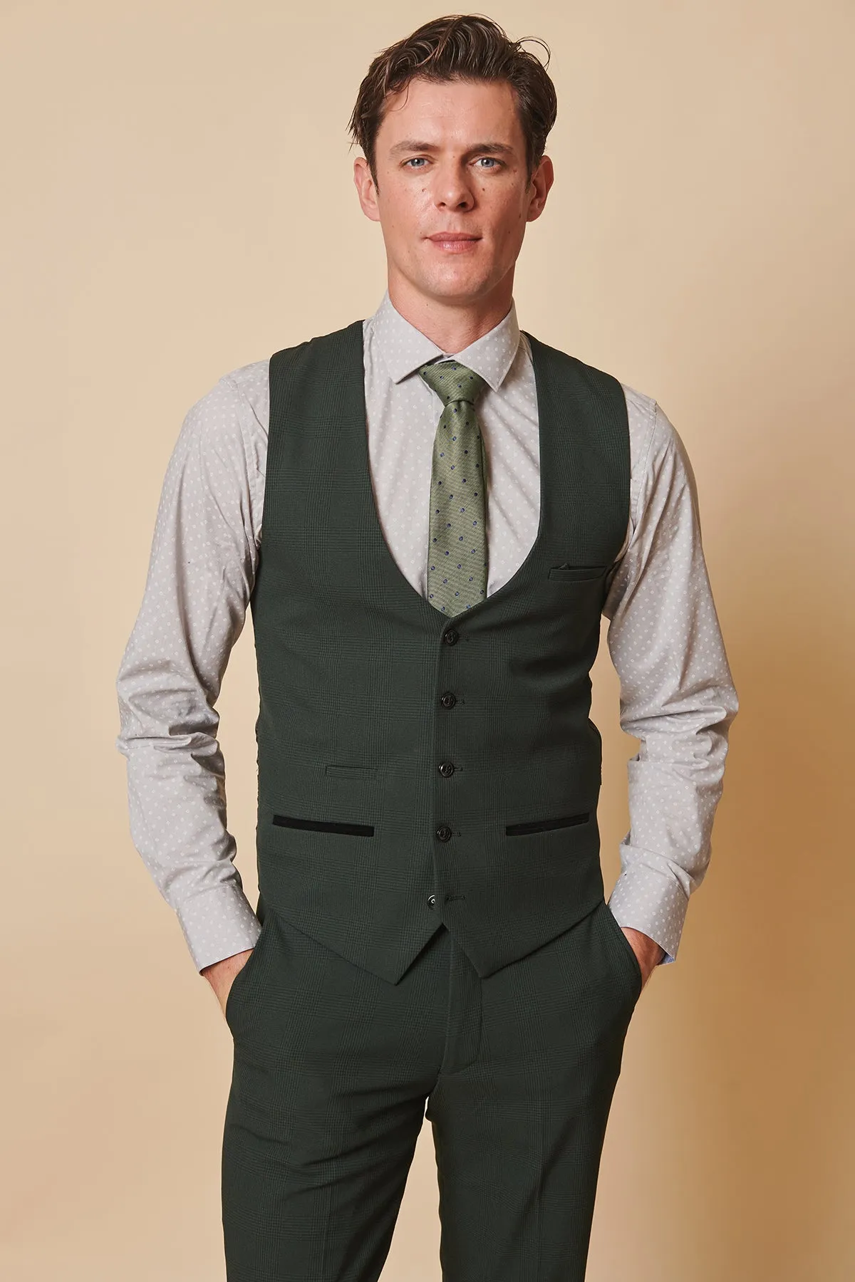 BROMLEY - Olive Green Check Three Piece Suit