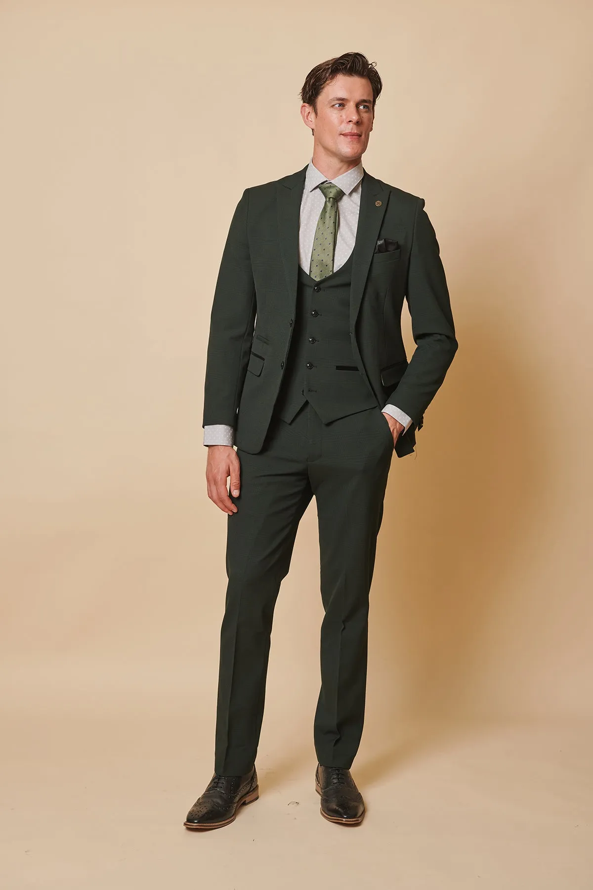 BROMLEY - Olive Green Check Three Piece Suit