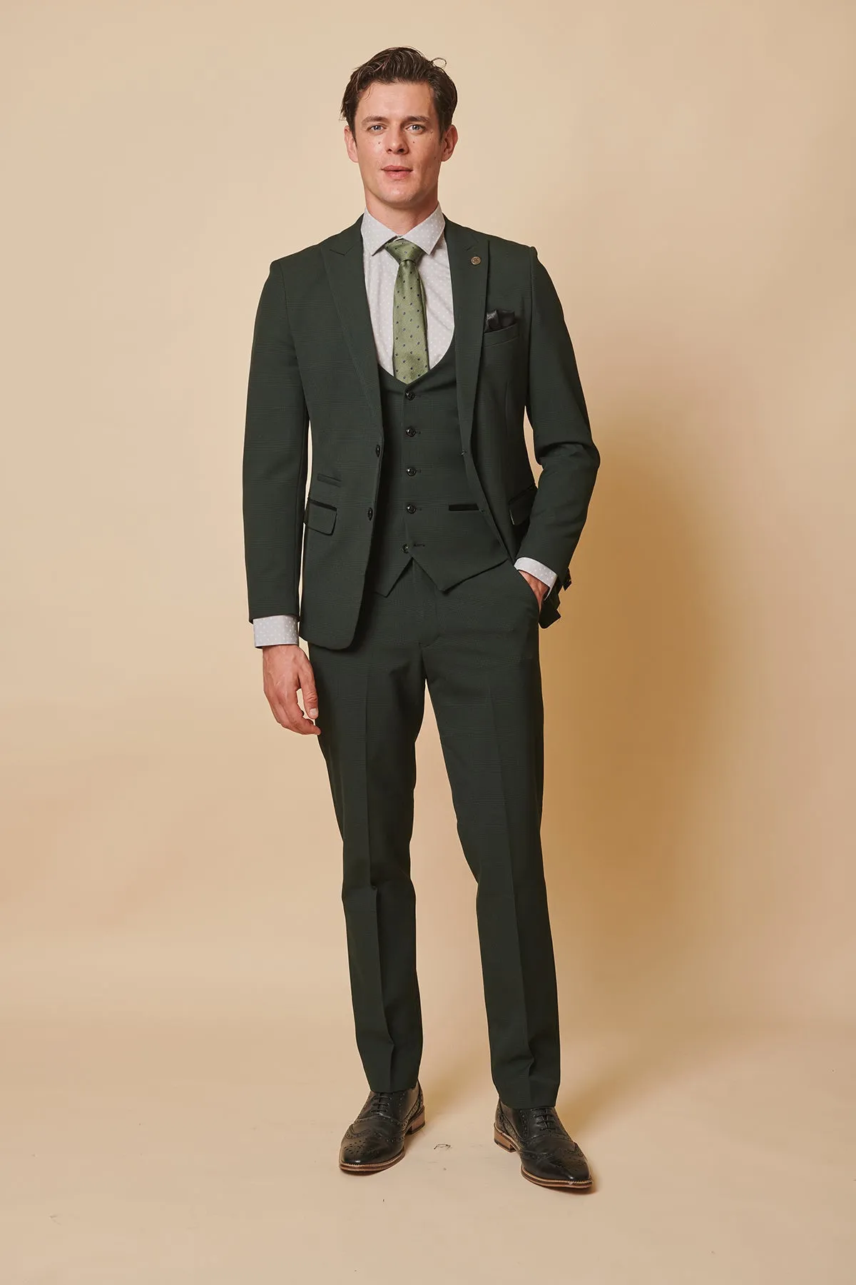 BROMLEY - Olive Green Check Three Piece Suit