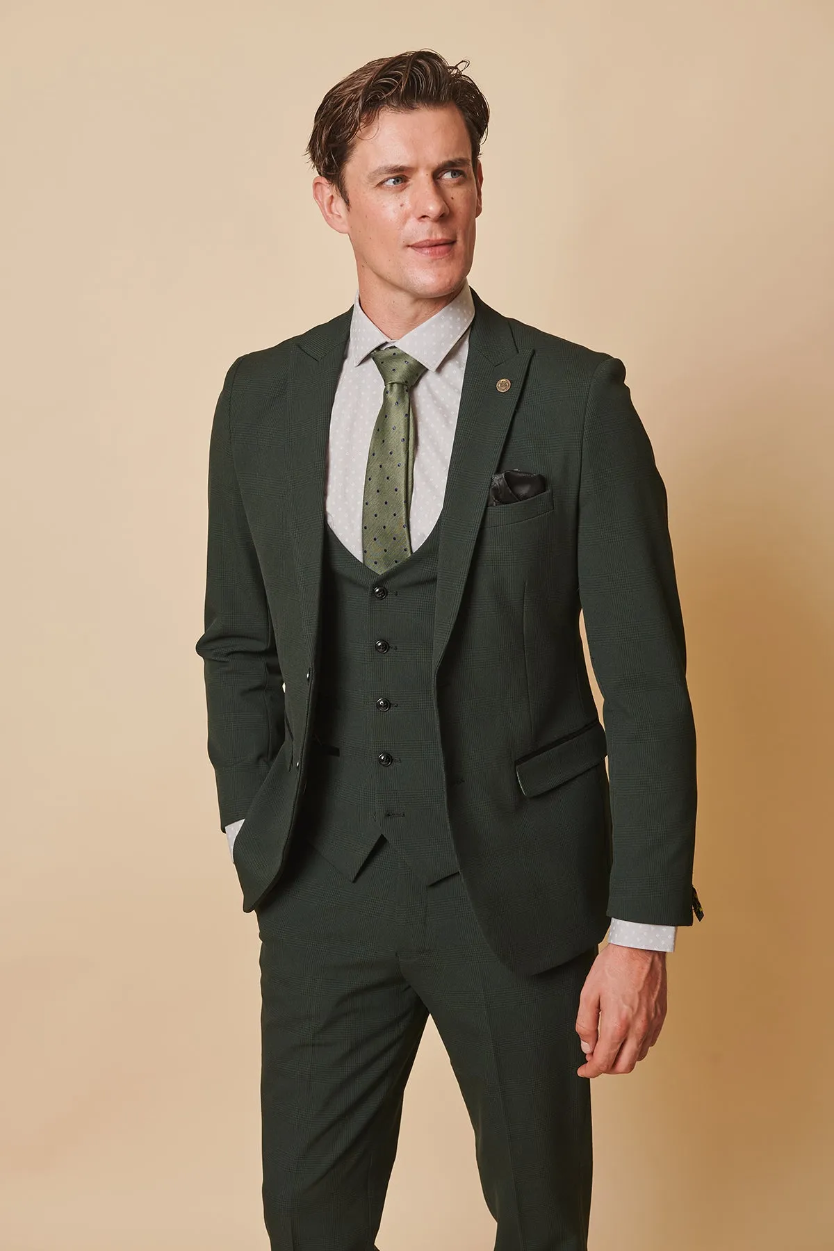 BROMLEY - Olive Green Check Three Piece Suit