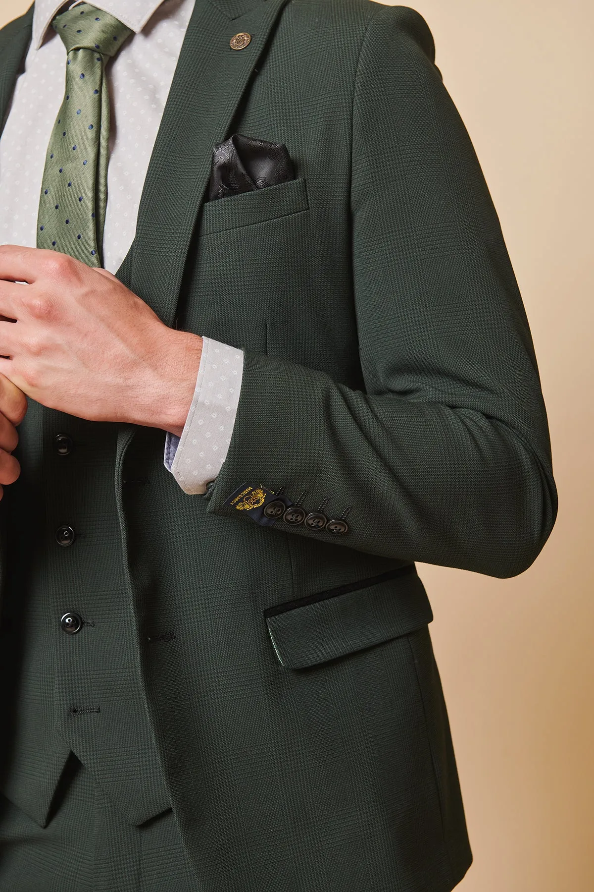 BROMLEY - Olive Green Check Three Piece Suit