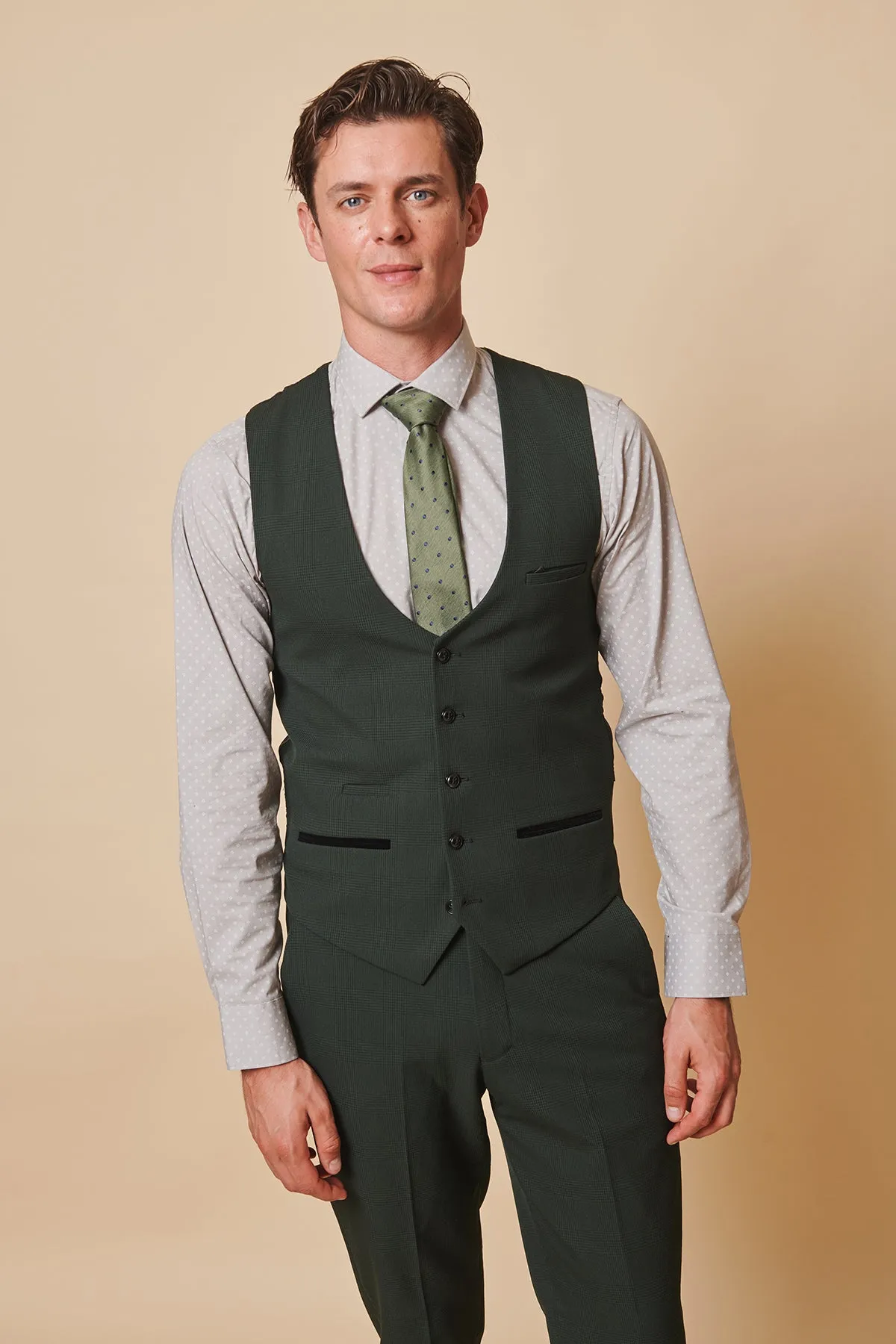 BROMLEY - Olive Green Check Three Piece Suit