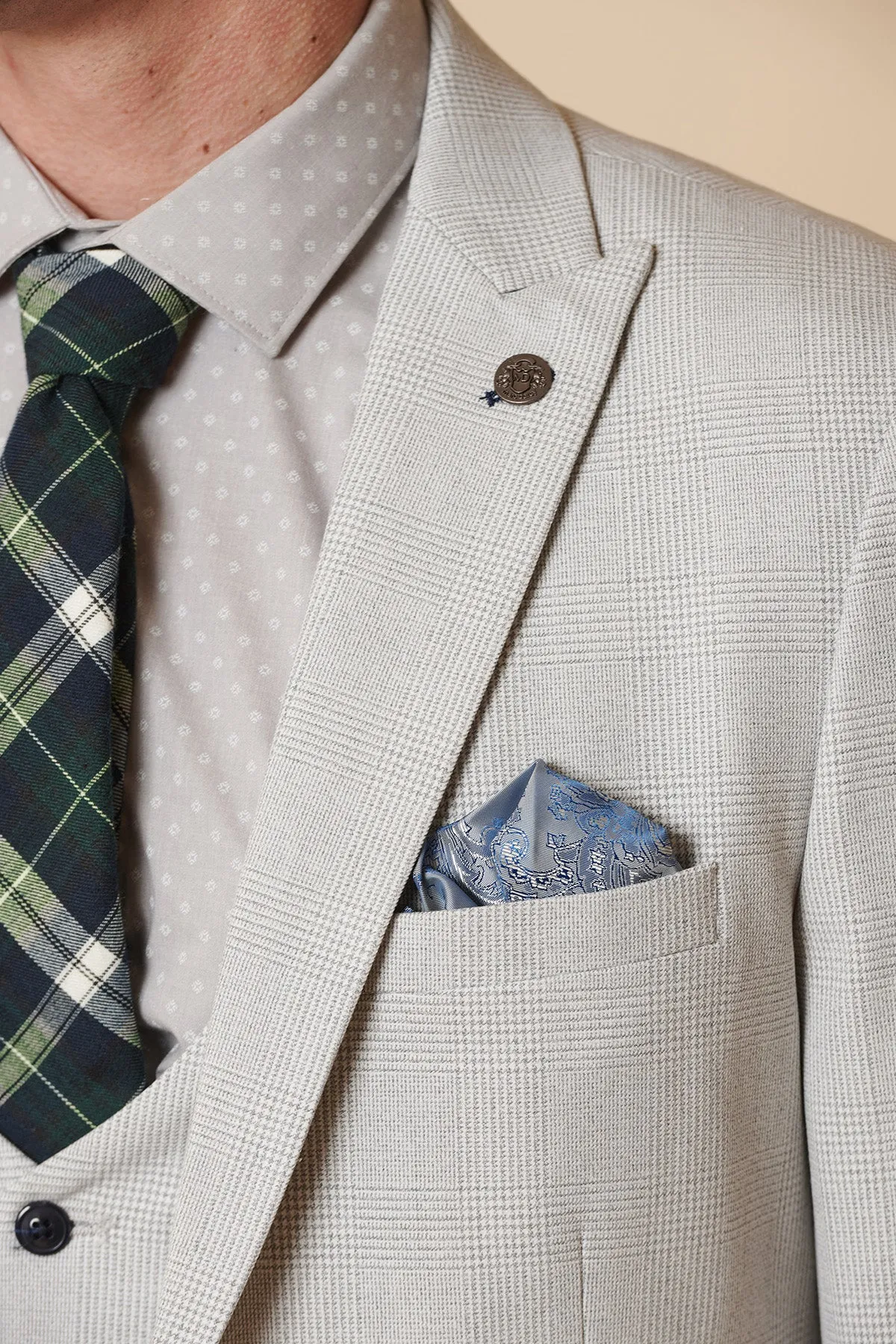 BROMLEY - Stone Check Three Piece Suit