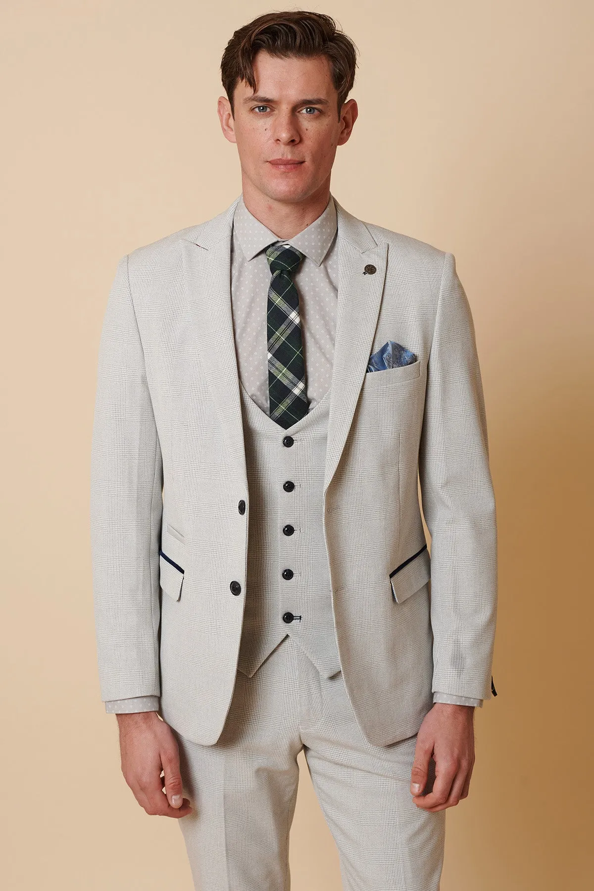 BROMLEY - Stone Check Three Piece Suit