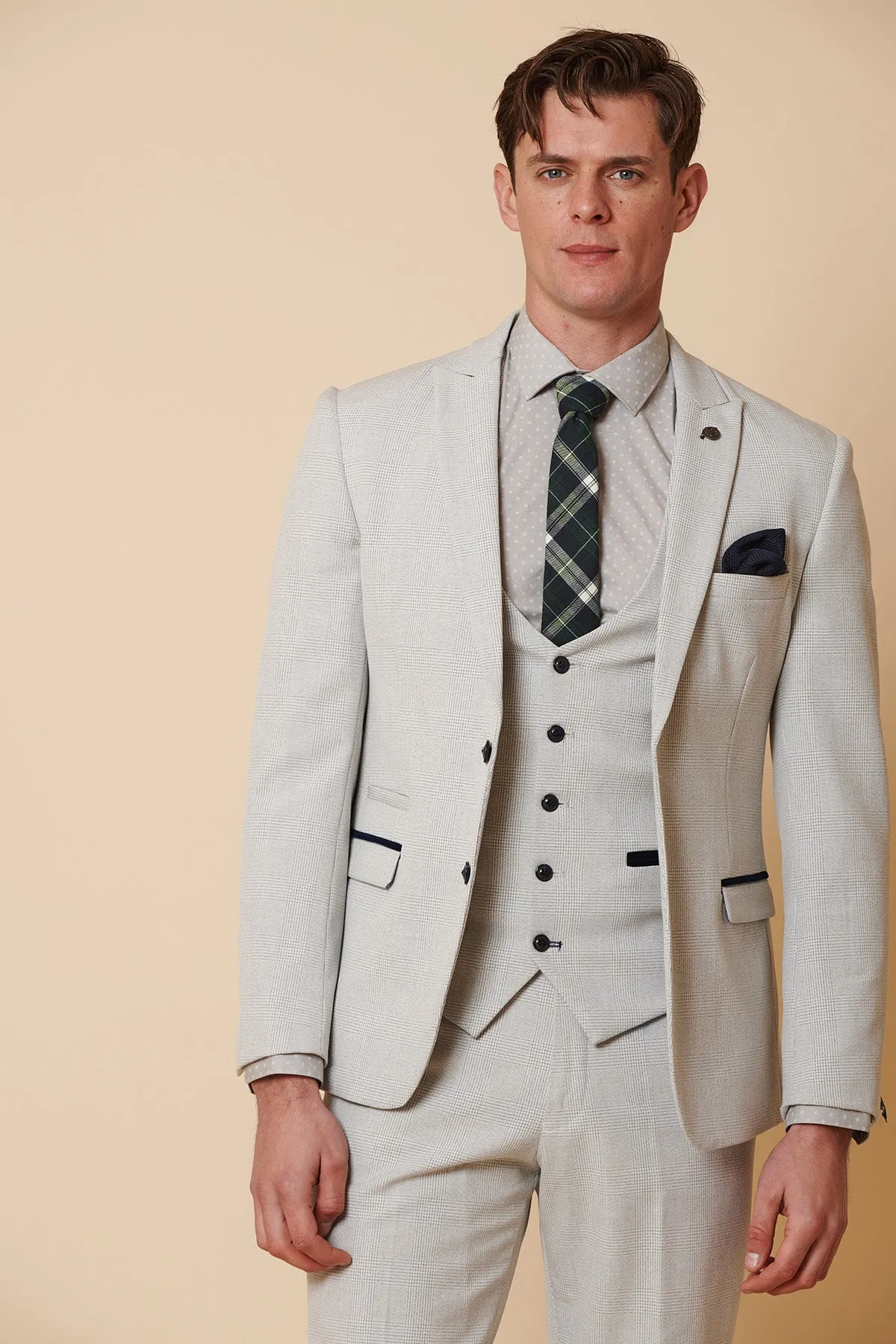 BROMLEY - Stone Check Three Piece Suit