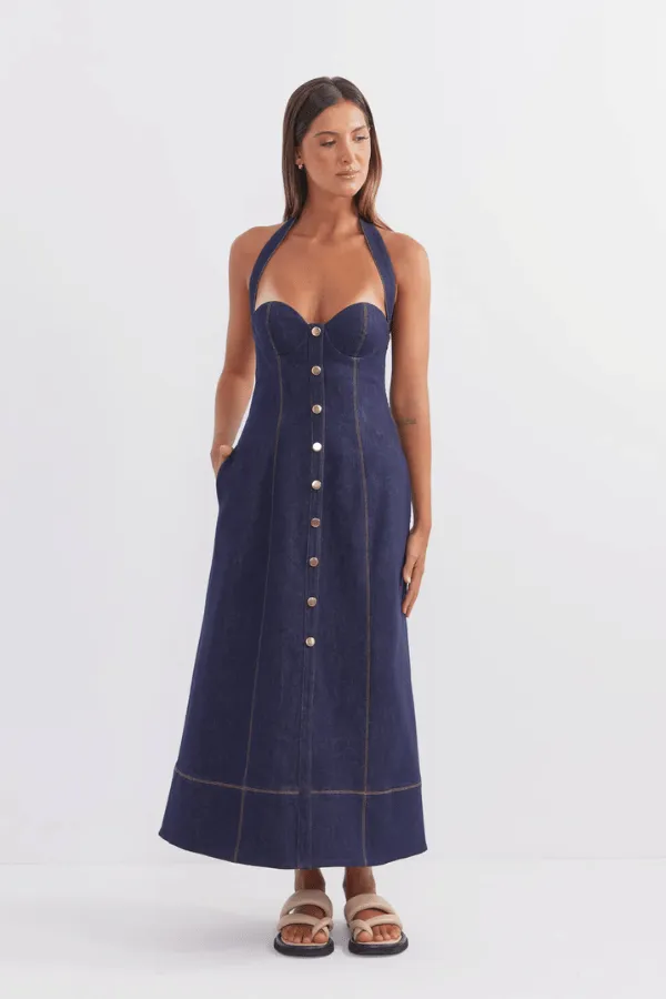 Cappella Halter Midi Dress Indigo