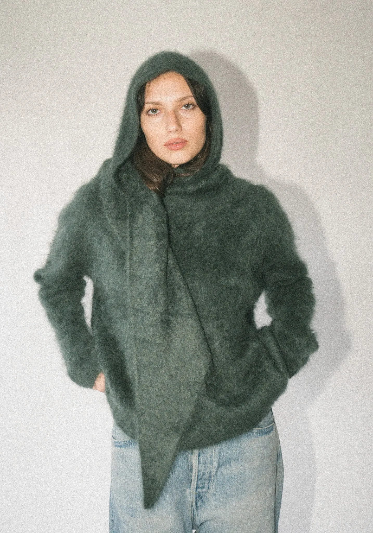 Cashmere Rina Brushed Hooded Scarf in Olive