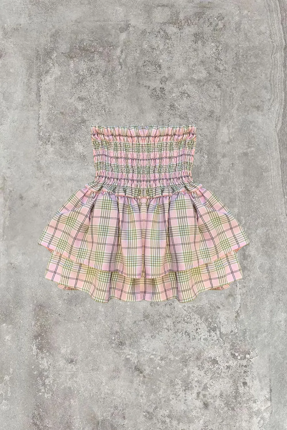 Cece Pink Check Shirred Waist Ruffle Hem Mini Skirt