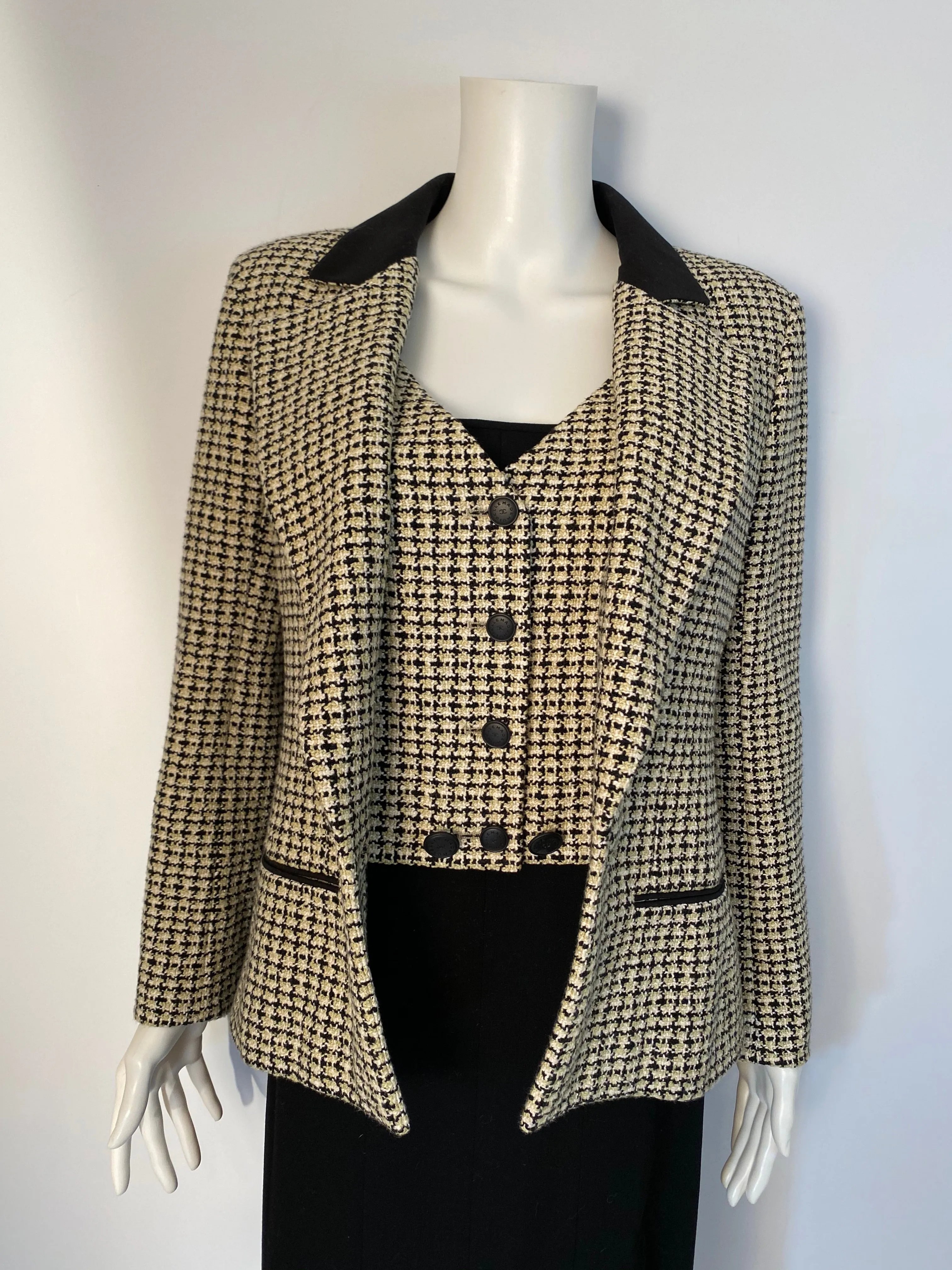 Chanel 02P, 2002 Spring pastel olive green Black Beige Tweed Vest attached jacket Blazer FR 36