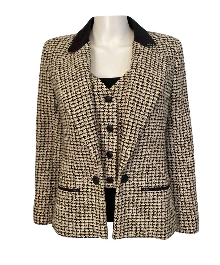 Chanel 02P, 2002 Spring pastel olive green Black Beige Tweed Vest attached jacket Blazer FR 36