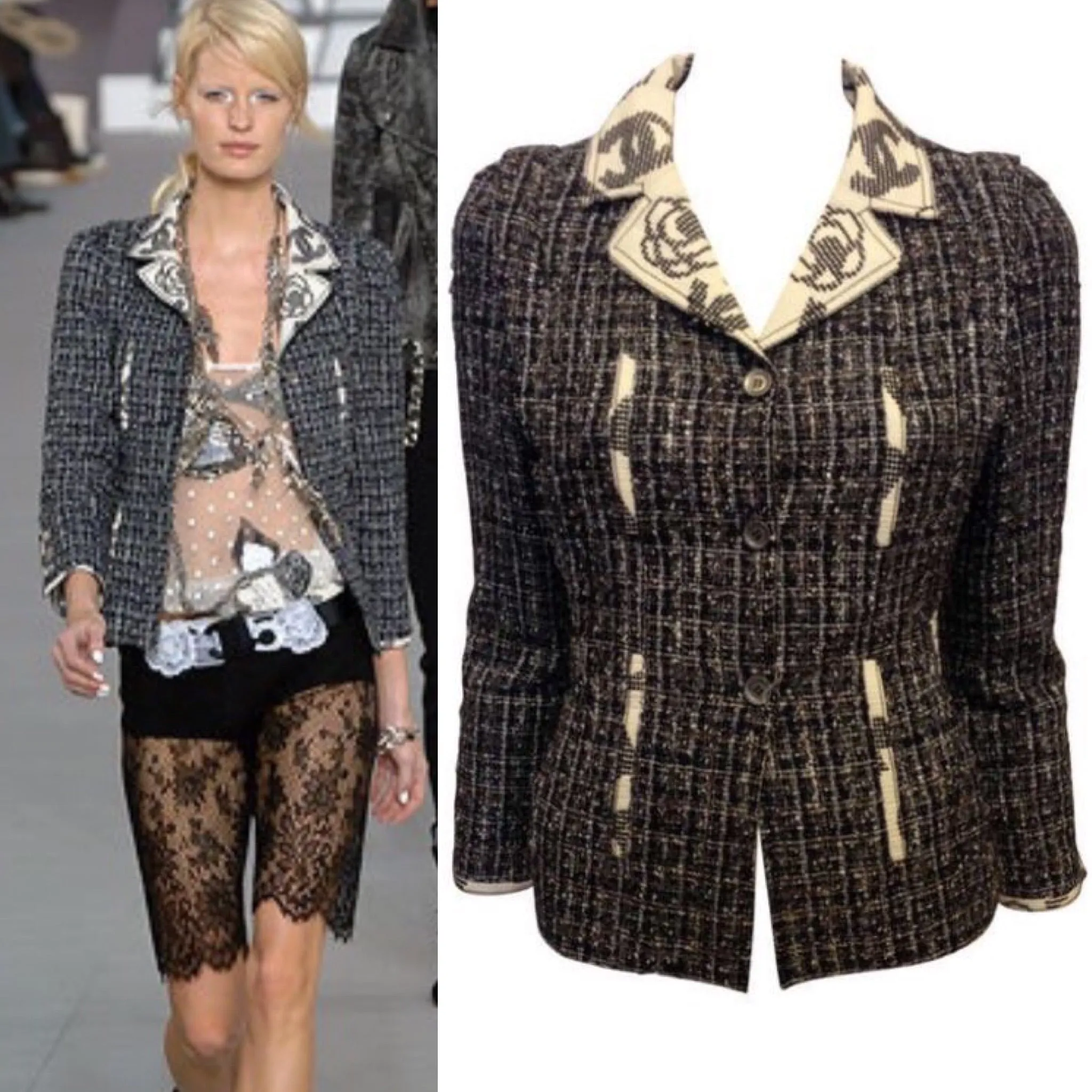 Chanel 2006 Spring, 06P Cotton tweed brown black white Blazer camellia jacket US 10/12