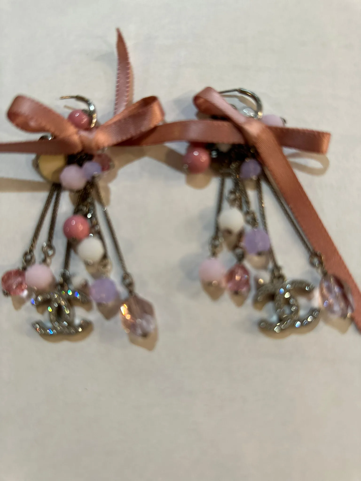 Chanel extra long pink 07C Ribbon bead & Crystal logo earrings