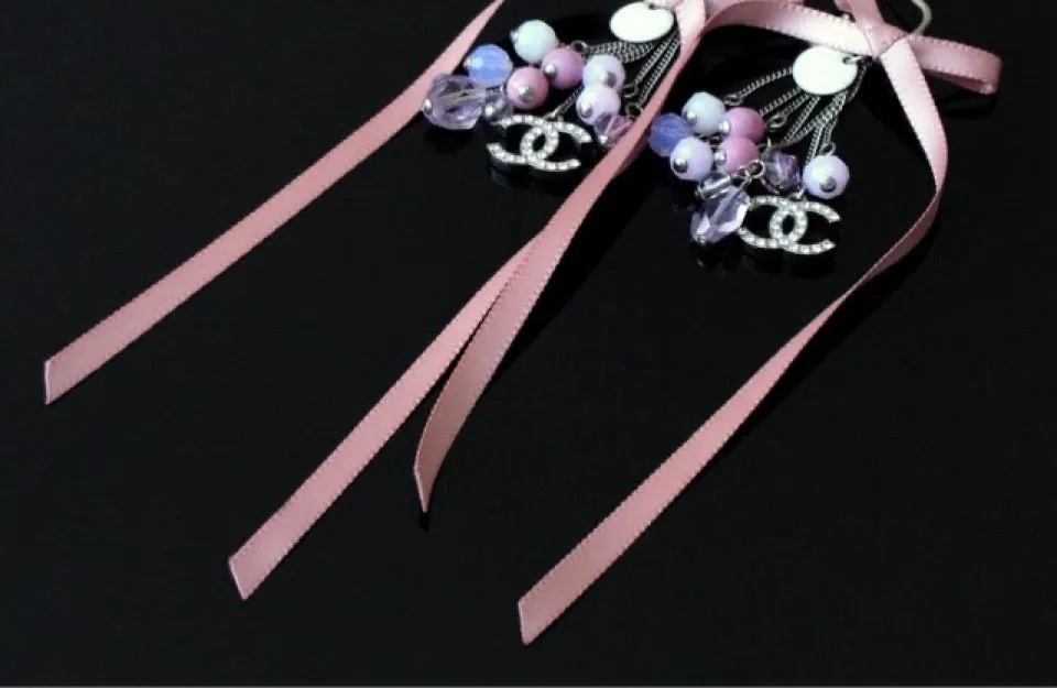 Chanel extra long pink 07C Ribbon bead & Crystal logo earrings