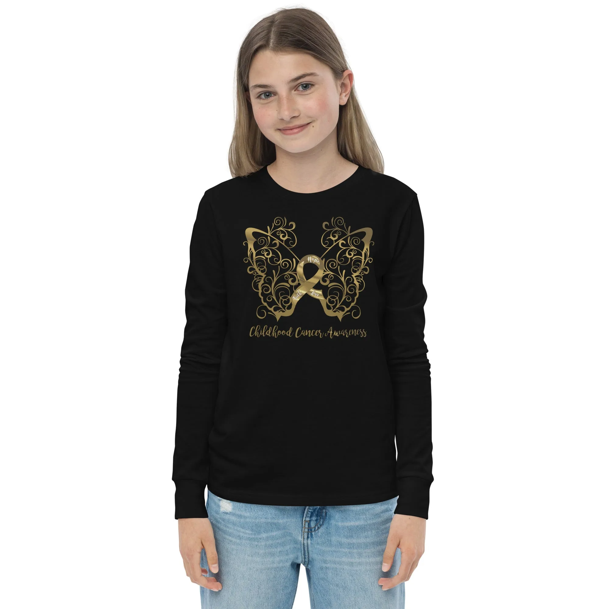 Childhood Cancer Awareness Filigree Butterfly Youth Long Sleeve Tee