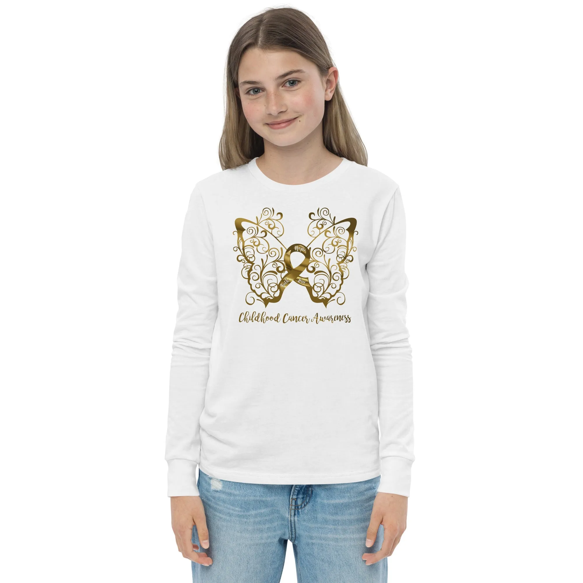 Childhood Cancer Awareness Filigree Butterfly Youth Long Sleeve Tee