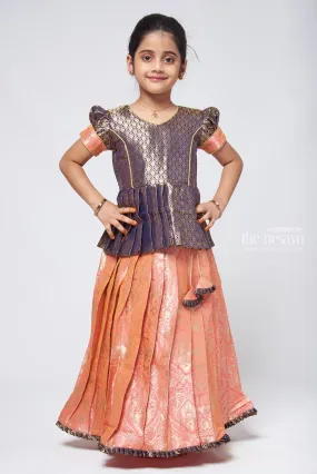 Classic Brocade Green Peplum Blouse with Banarasi Pink Pattu Pavadai: Traditional Festive Charm