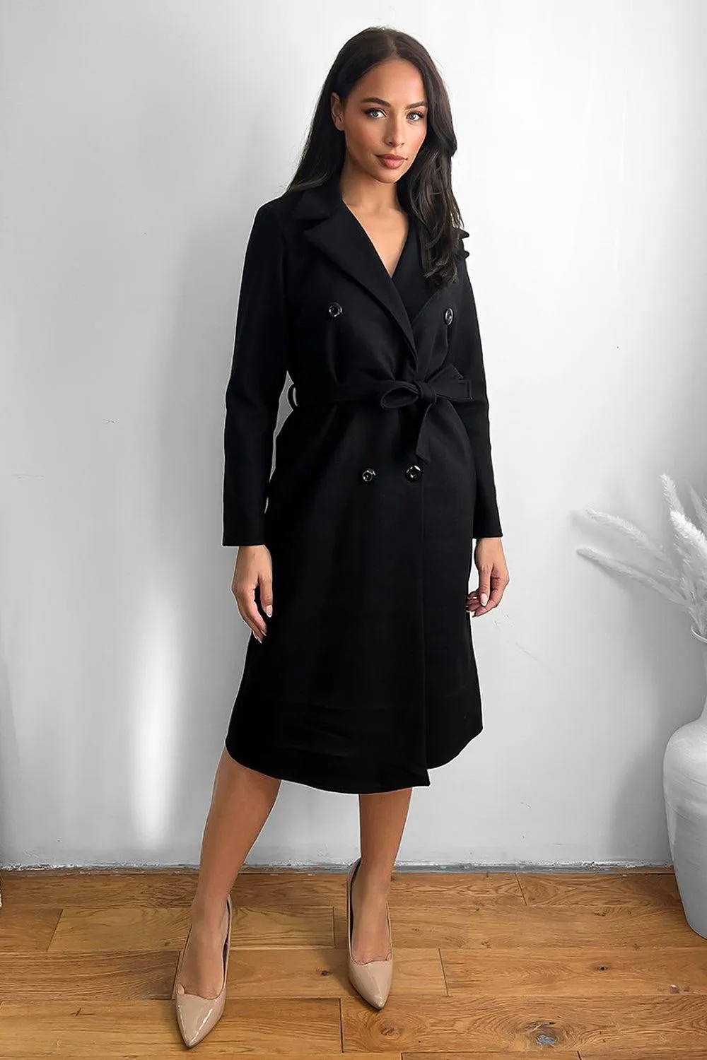 Classic Double Breasted Self Tie Midi Coat