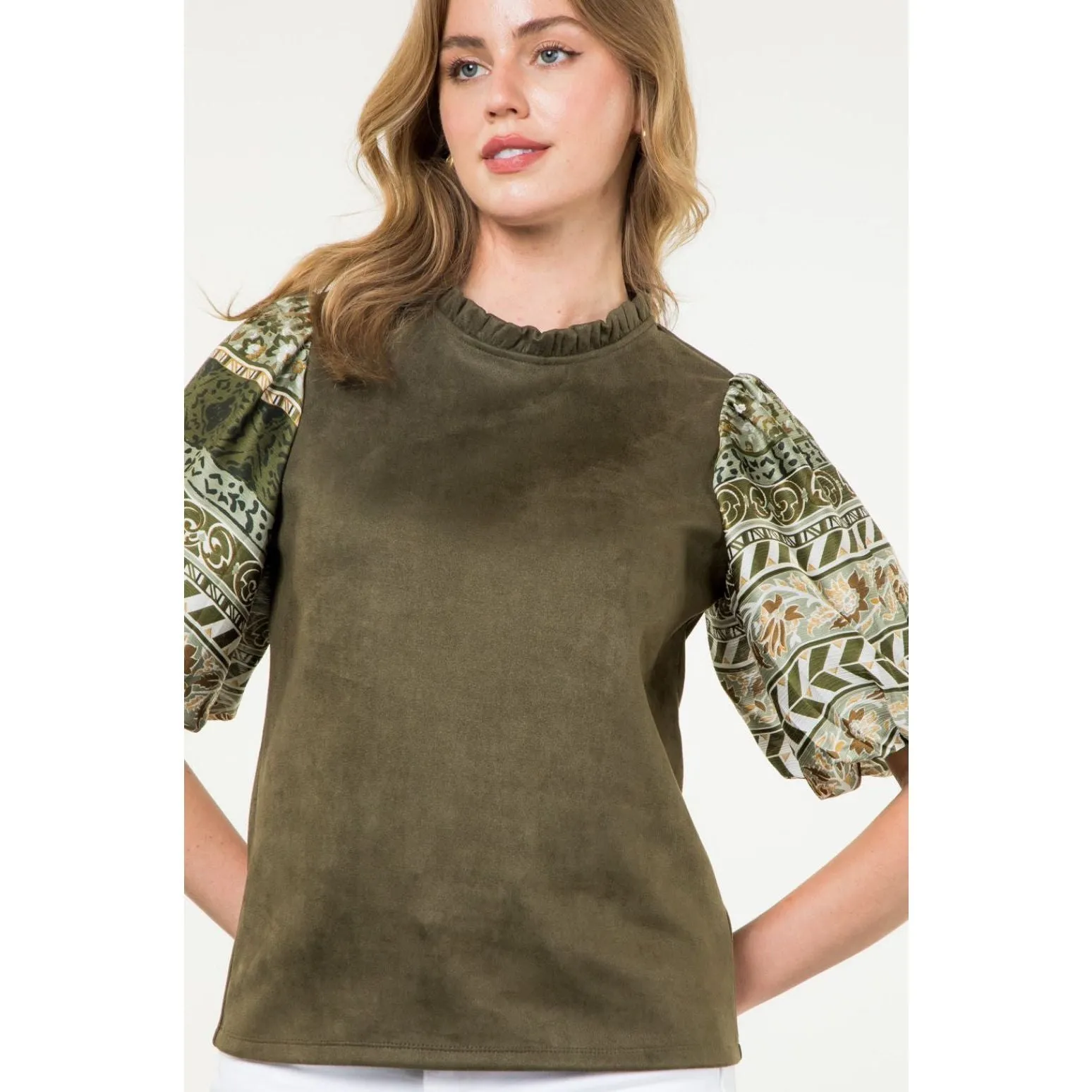 Coryelle Olive Suede Mixed Media THML Top