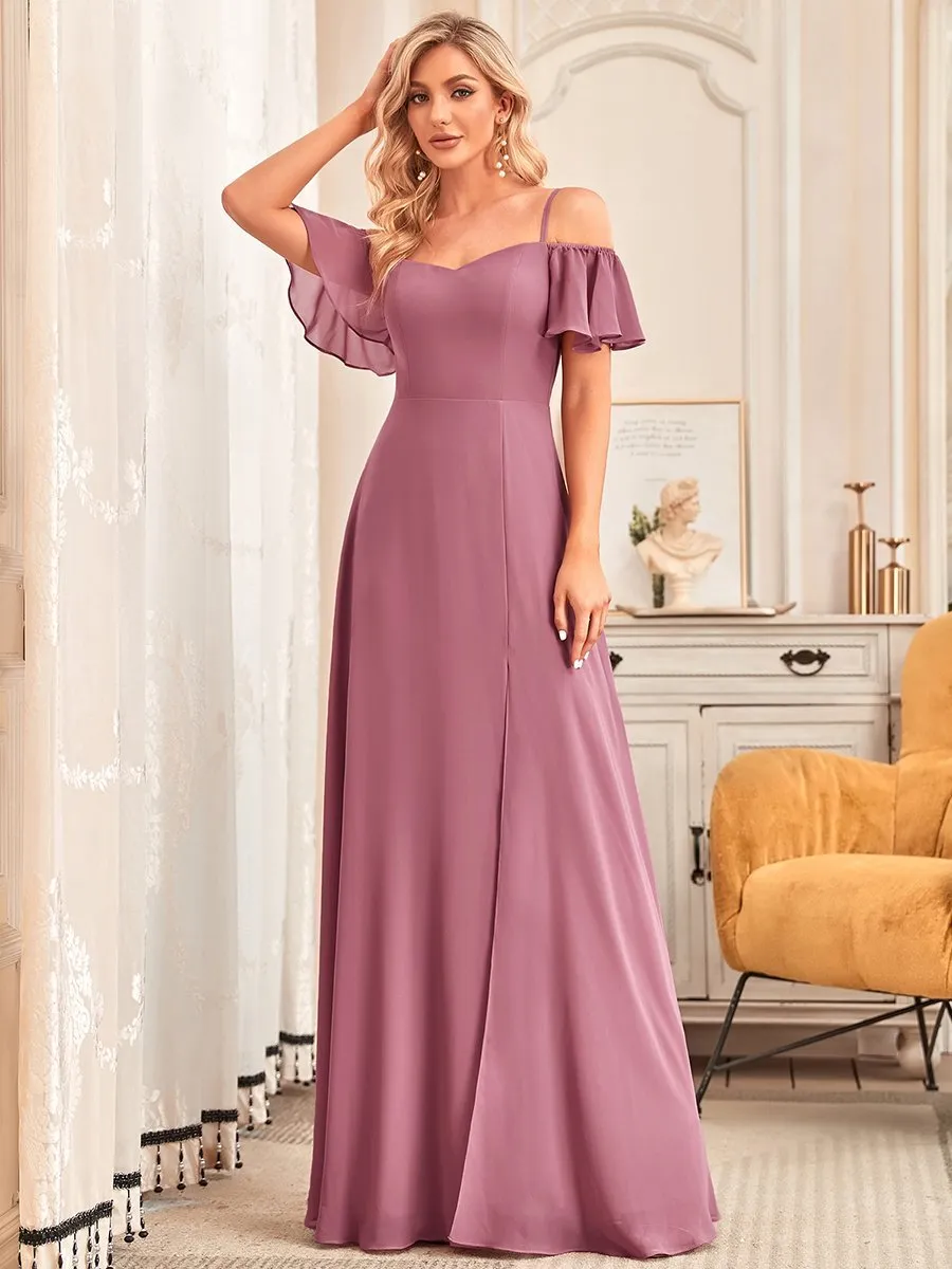 Custom Size Flattering Deep V Neck Flare Sleeves Wholesale Bridesmaid Dresses