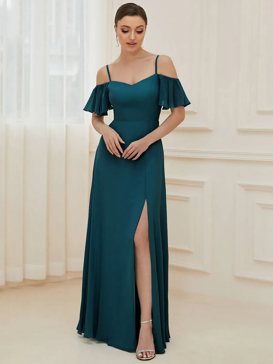 Custom Size Flattering Deep V Neck Flare Sleeves Wholesale Bridesmaid Dresses