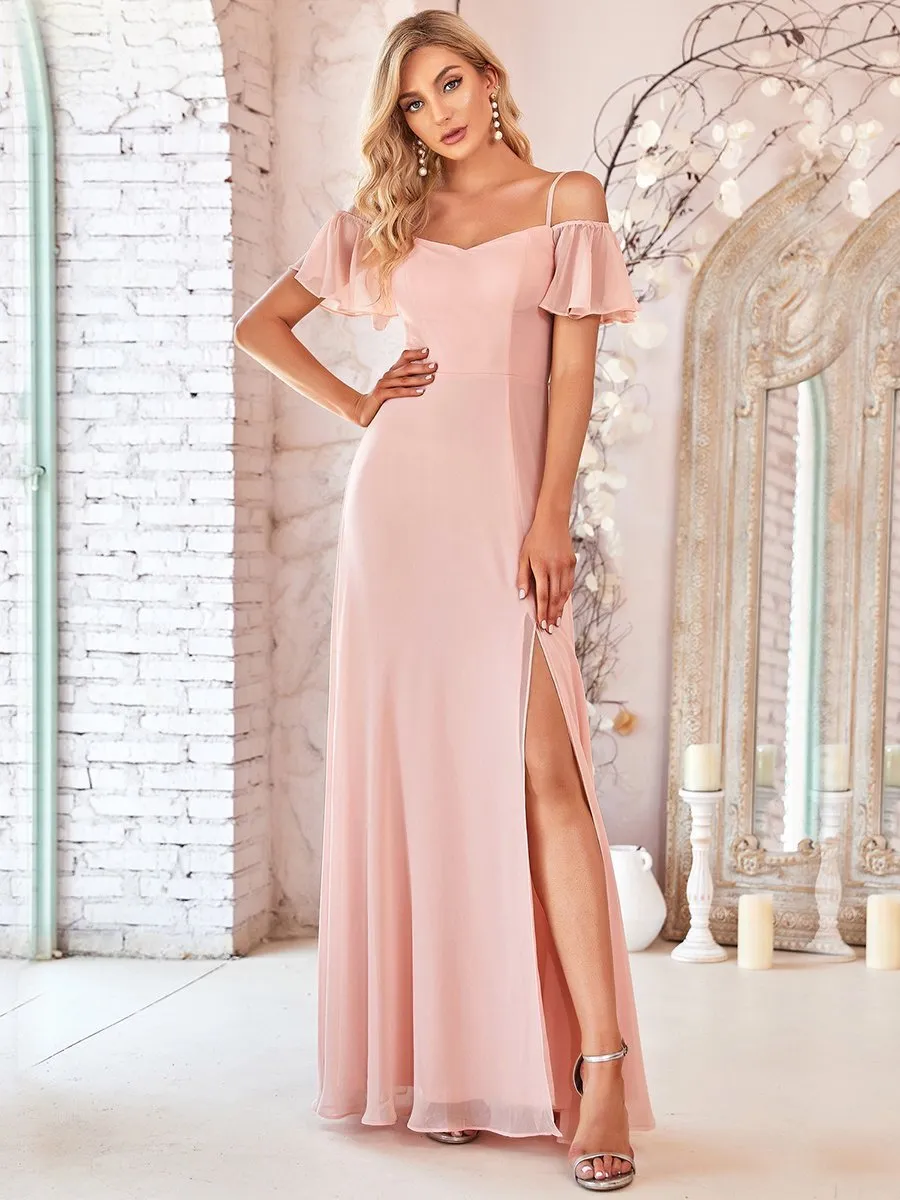 Custom Size Flattering Deep V Neck Flare Sleeves Wholesale Bridesmaid Dresses