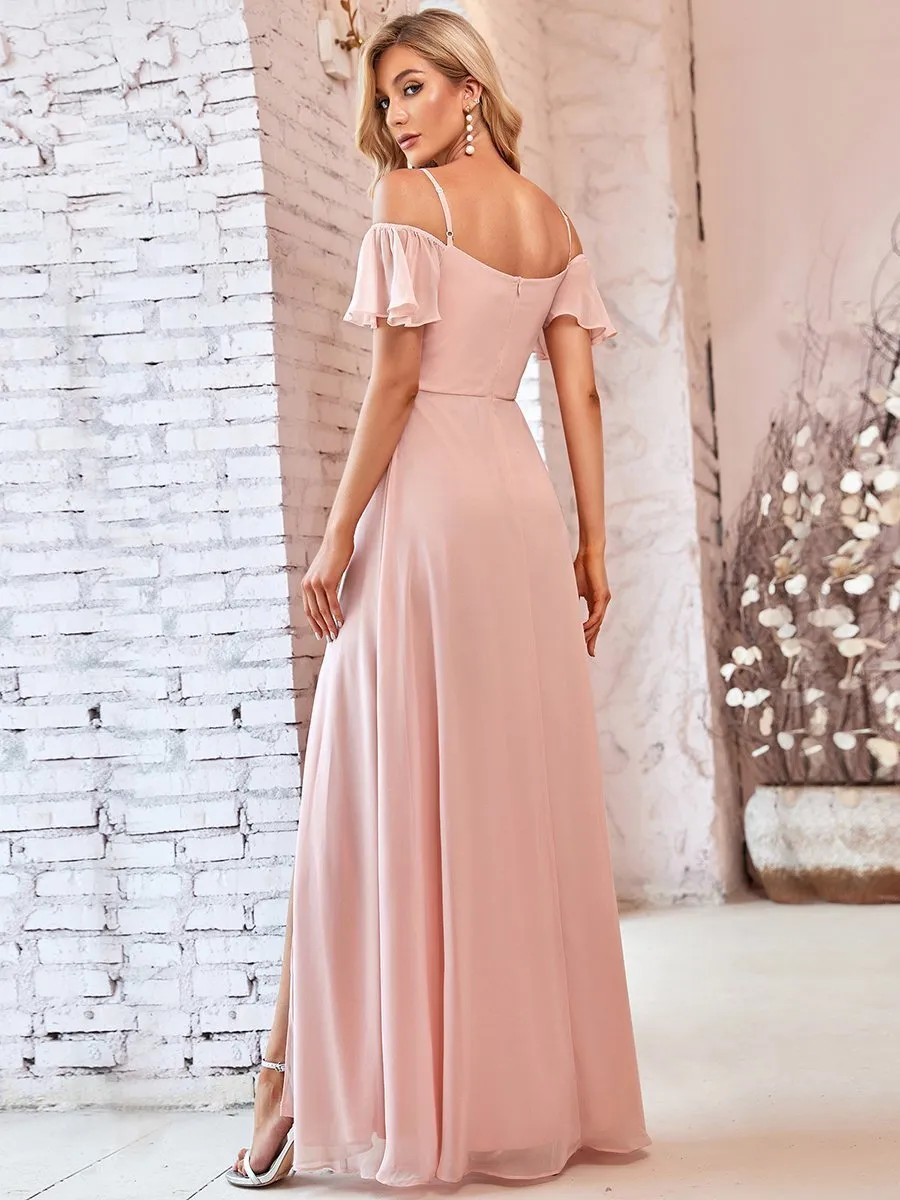 Custom Size Flattering Deep V Neck Flare Sleeves Wholesale Bridesmaid Dresses