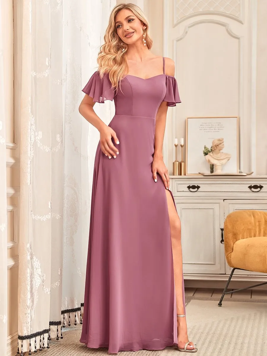 Custom Size Flattering Deep V Neck Flare Sleeves Wholesale Bridesmaid Dresses