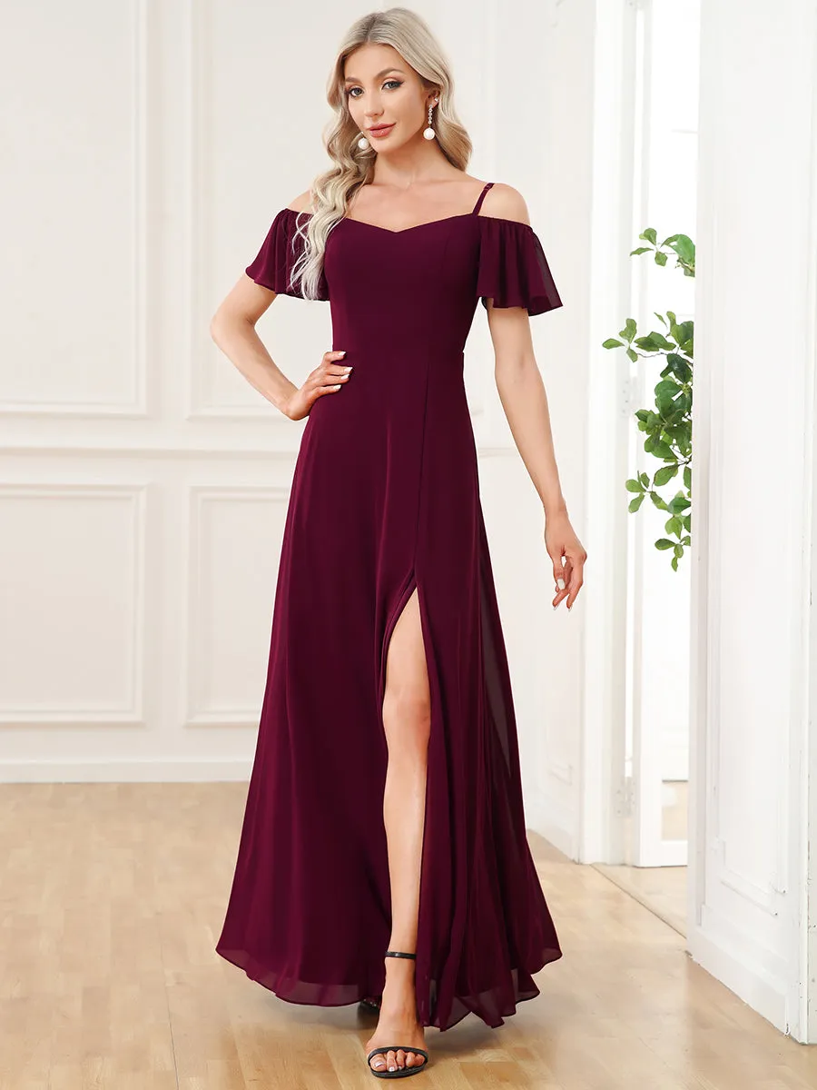 Custom Size Flattering Deep V Neck Flare Sleeves Wholesale Bridesmaid Dresses