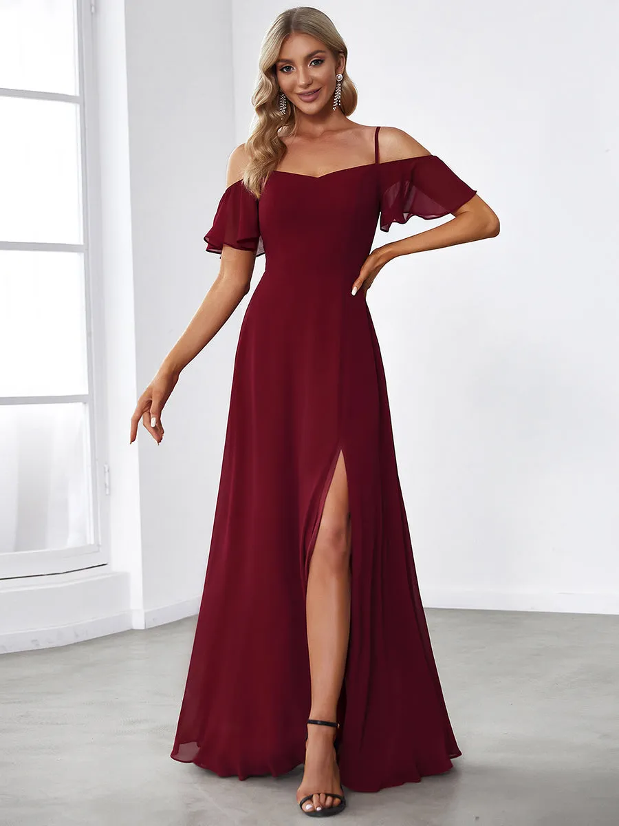 Custom Size Flattering Deep V Neck Flare Sleeves Wholesale Bridesmaid Dresses