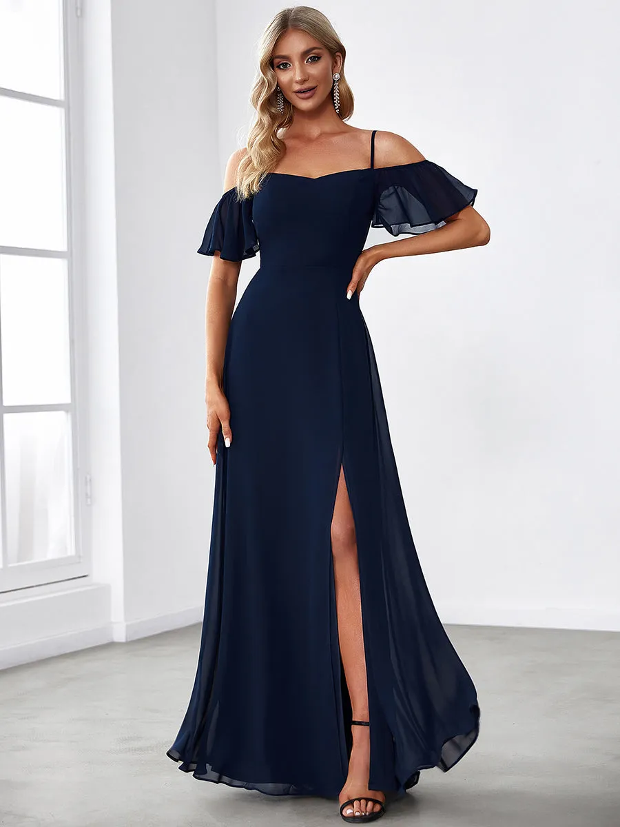 Custom Size Flattering Deep V Neck Flare Sleeves Wholesale Bridesmaid Dresses