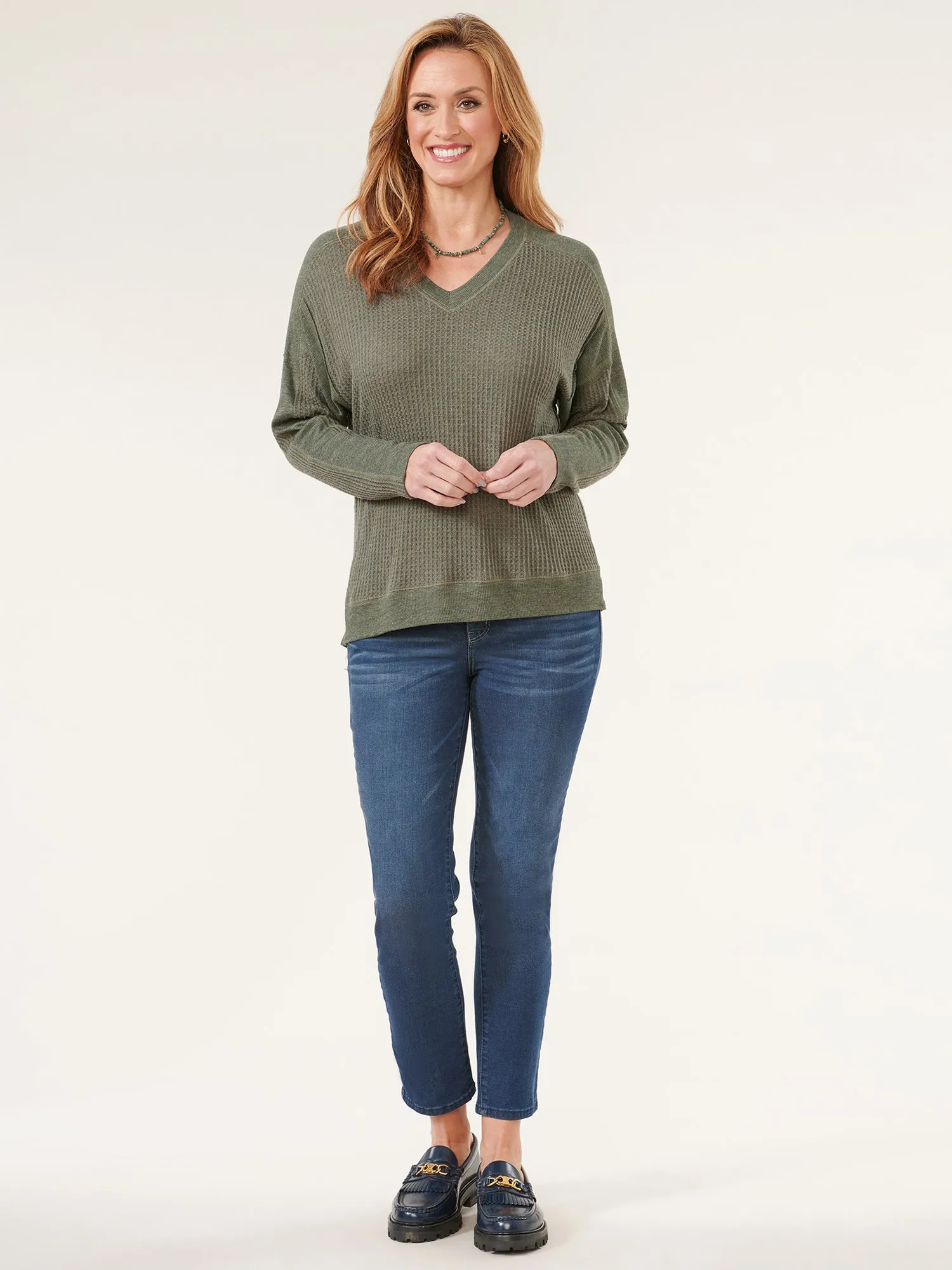 Dolman Sleeve V-Neck Hi-Low Hem Mixed Media Knit Top