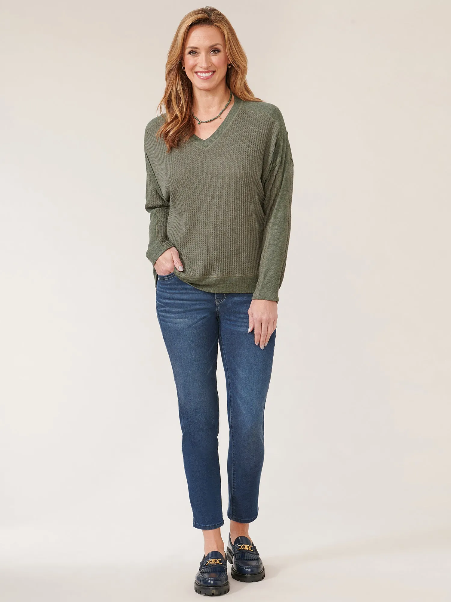 Dolman Sleeve V-Neck Hi-Low Hem Mixed Media Knit Top