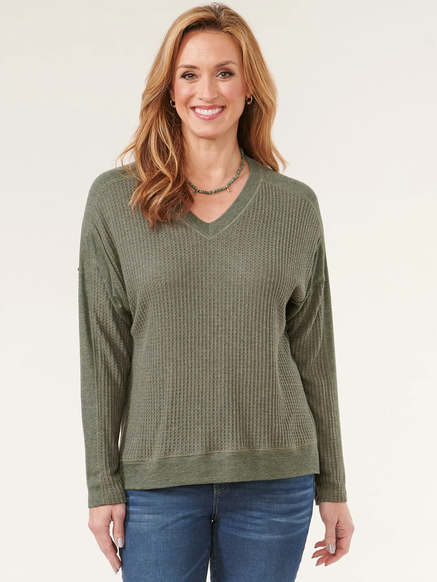 Dolman Sleeve V-Neck Hi-Low Hem Mixed Media Knit Top