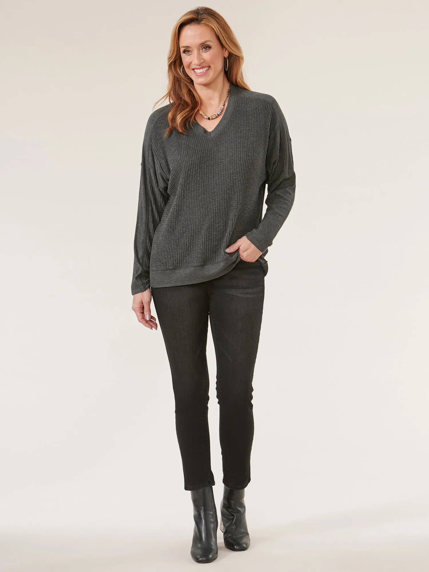 Dolman Sleeve V-Neck Hi-Low Hem Mixed Media Knit Top