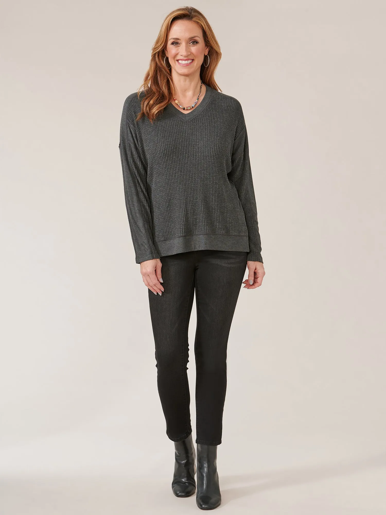 Dolman Sleeve V-Neck Hi-Low Hem Mixed Media Knit Top