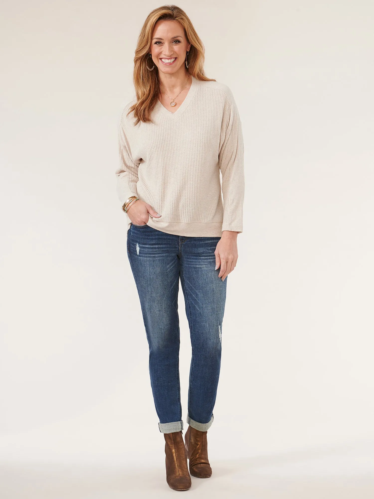 Dolman Sleeve V-Neck Hi-Low Hem Mixed Media Knit Top