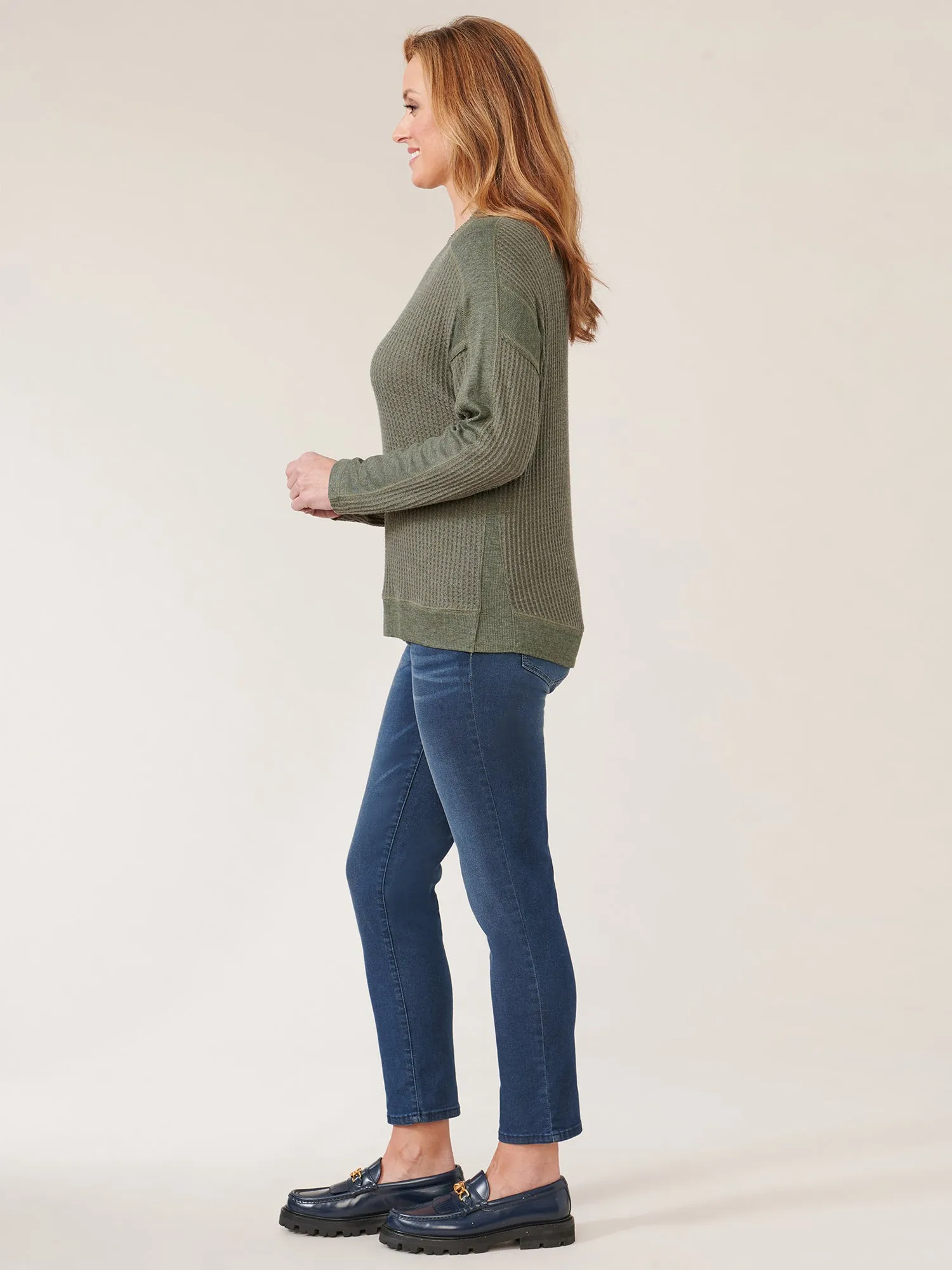 Dolman Sleeve V-Neck Hi-Low Hem Mixed Media Knit Top