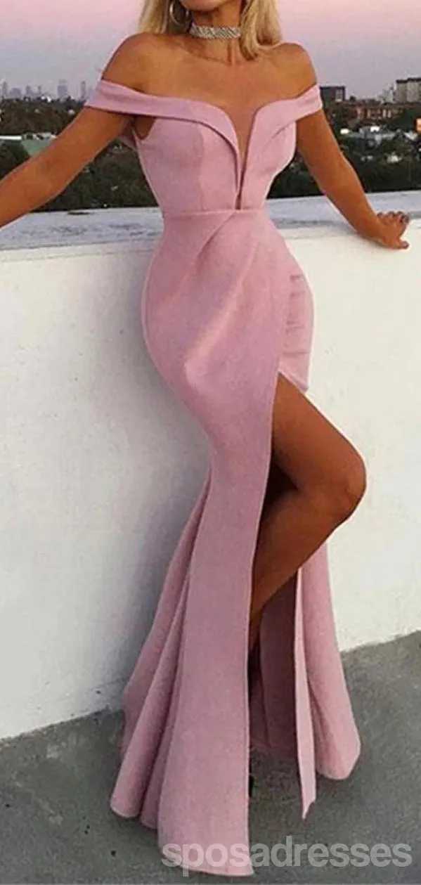 Dusty Pink Mermaid Off Shoulder V-neck High Slit Cheap Long Prom Dresses Online,12879