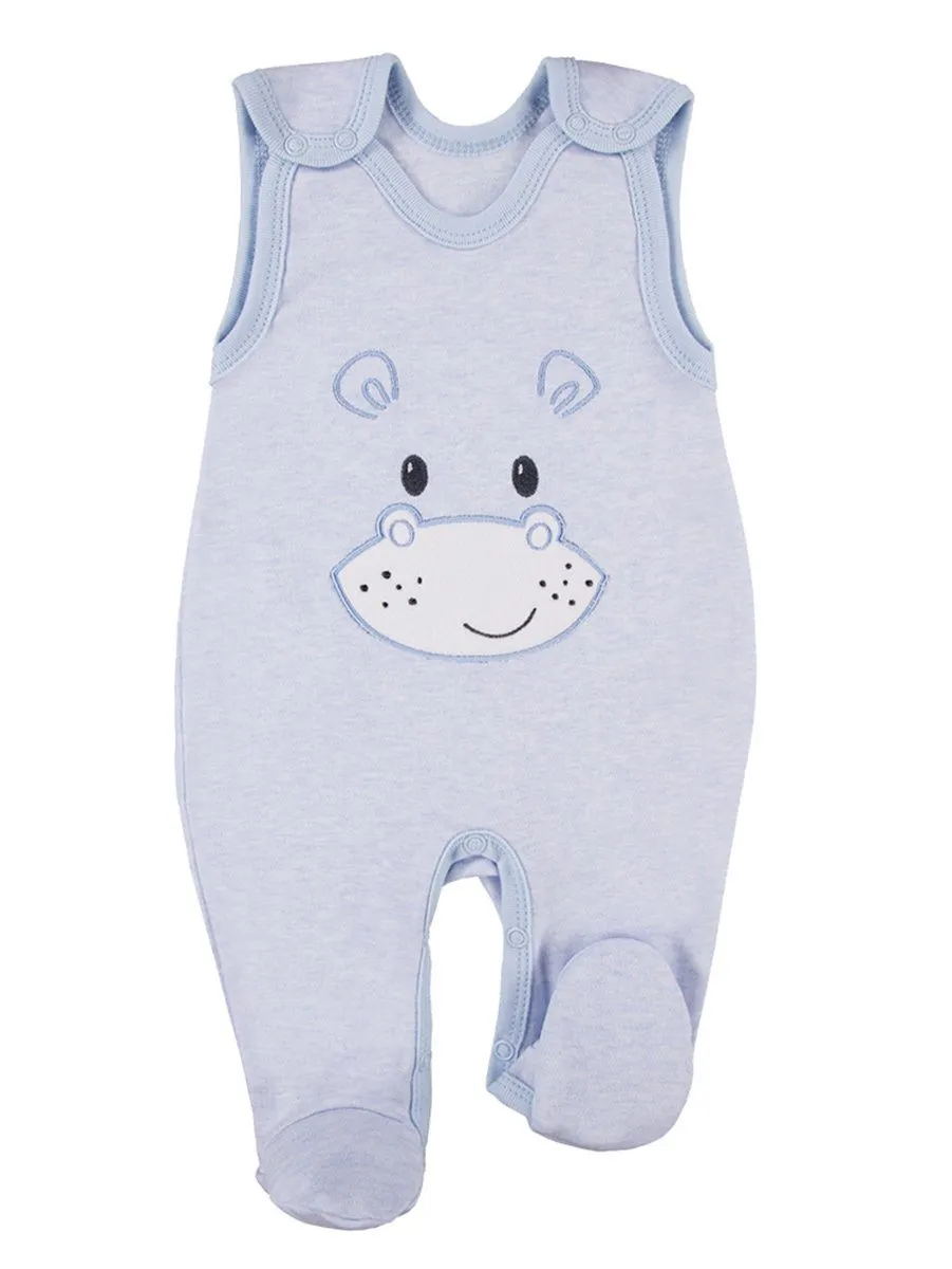 Early Baby Footed Dungarees, Cute Hippo Design - Blue