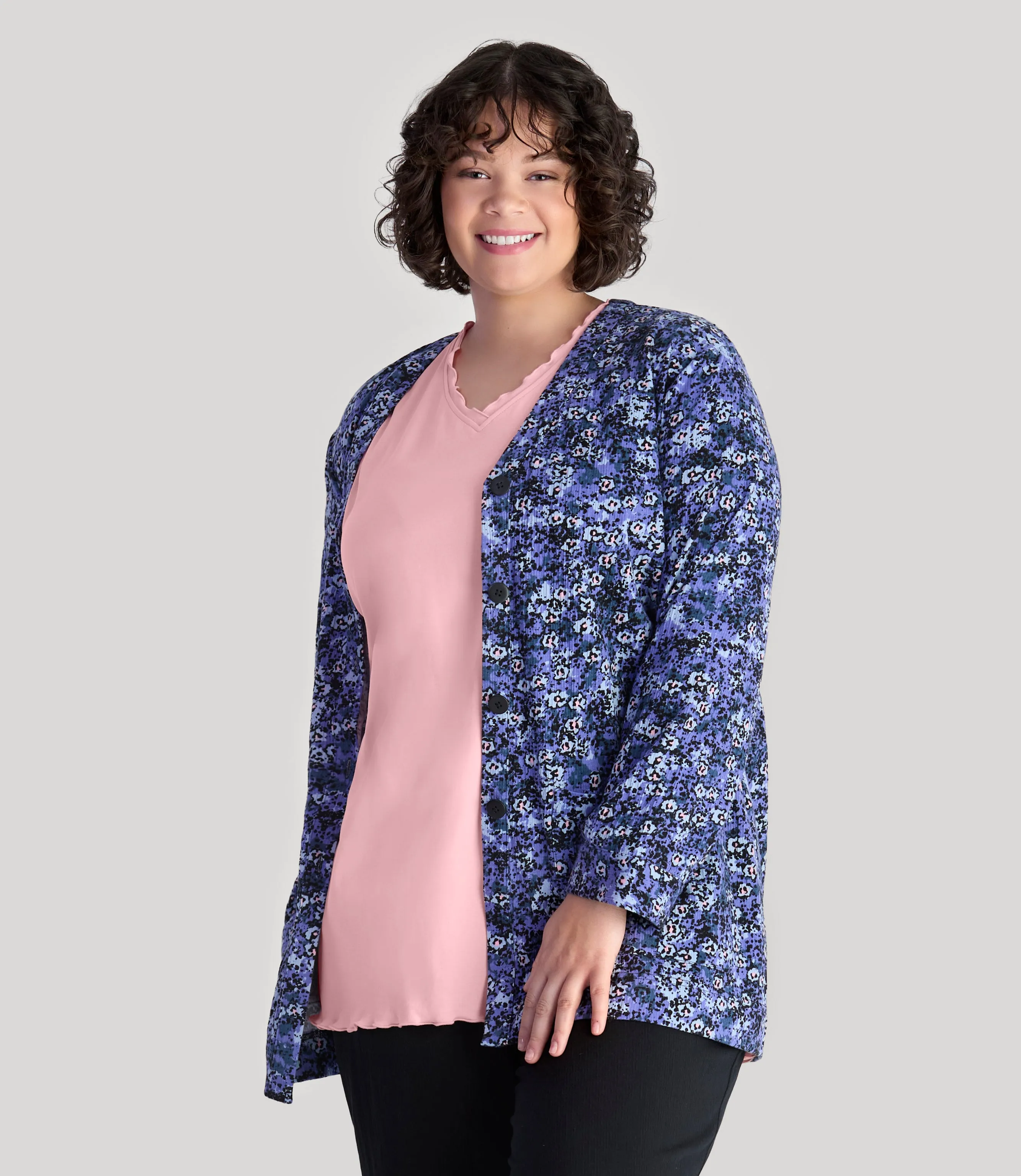 EZ Style Cottons Long Sleeve Patch Pocket Jacket Blue Meadow Print