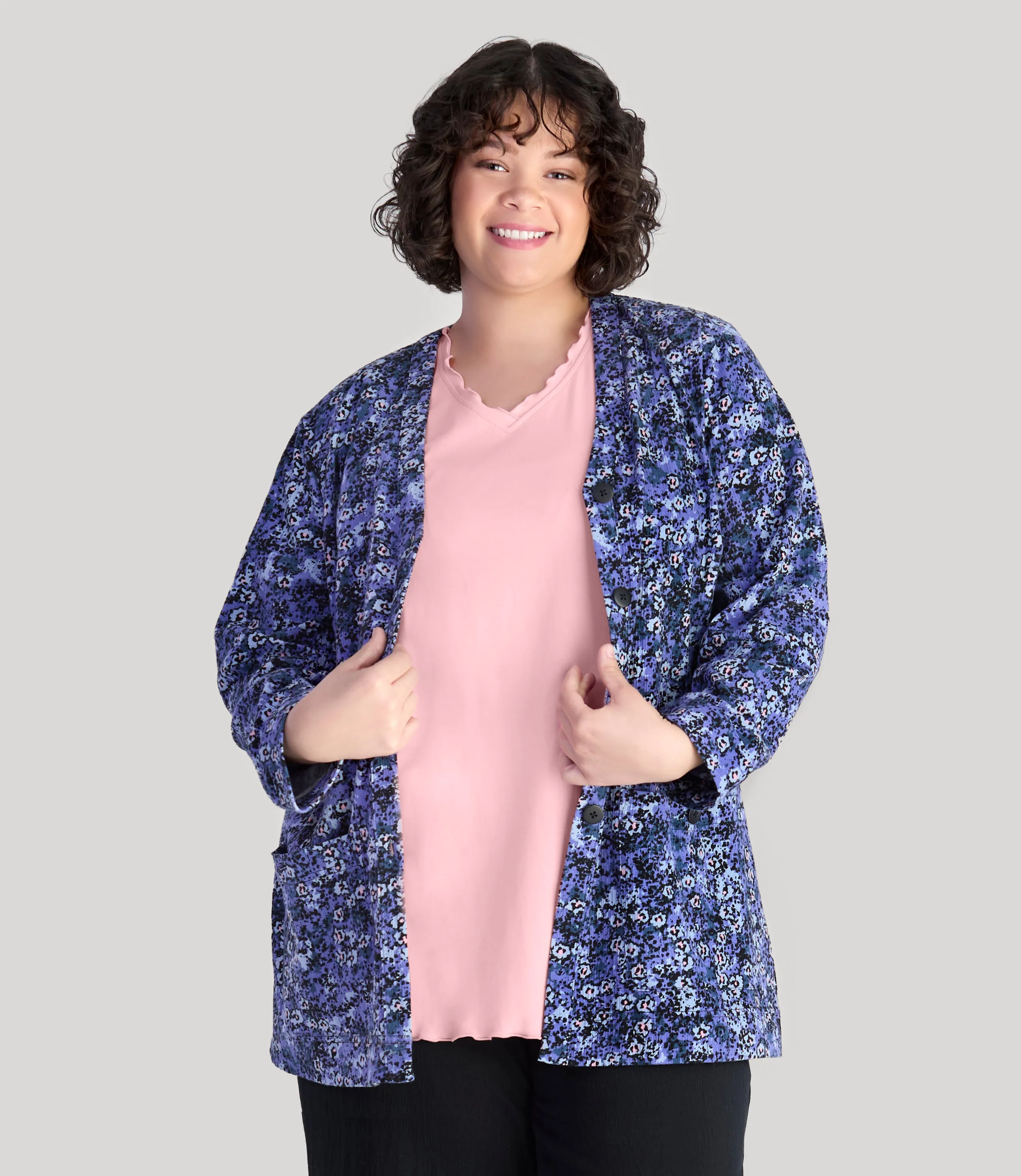 EZ Style Cottons Long Sleeve Patch Pocket Jacket Blue Meadow Print