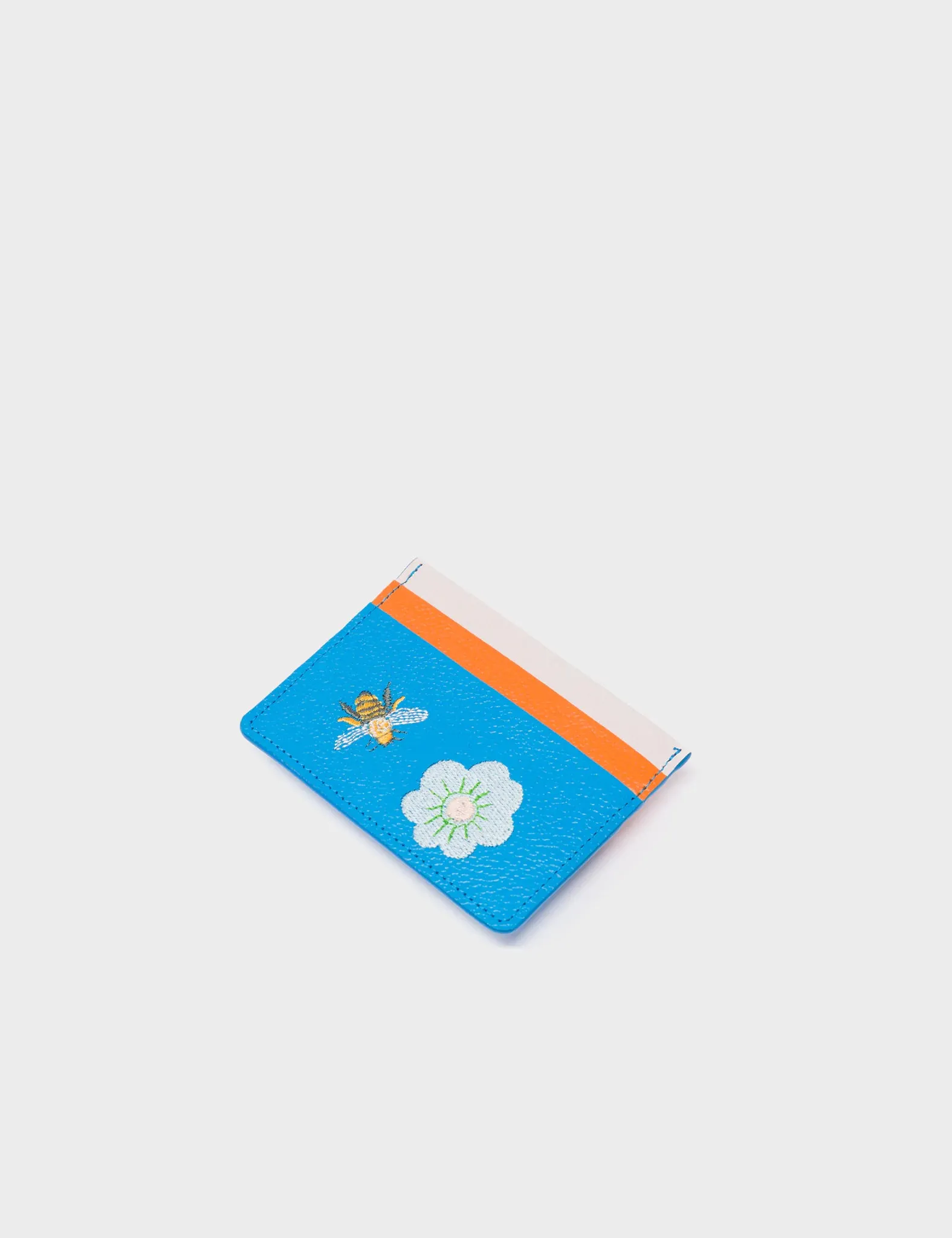 Filium Hawaii Blue and Ocher Leather Cardholder - Bee and Flower Embroidery