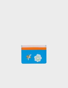 Filium Hawaii Blue and Ocher Leather Cardholder - Bee and Flower Embroidery